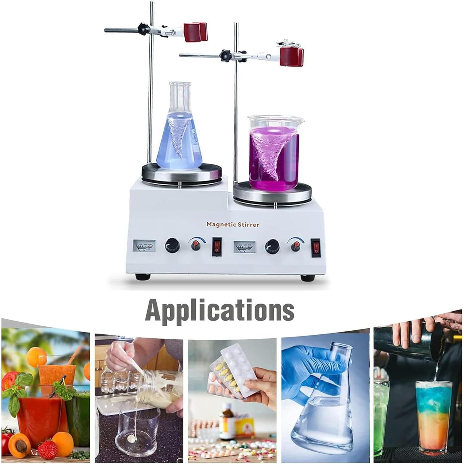 Agitatore magnetico con piastra riscaldante, doppia stazione di riscaldamento, potenza regolabile, in acciaio inox, con clip per fiaschetta, ideale per laboratorio e uso chimico