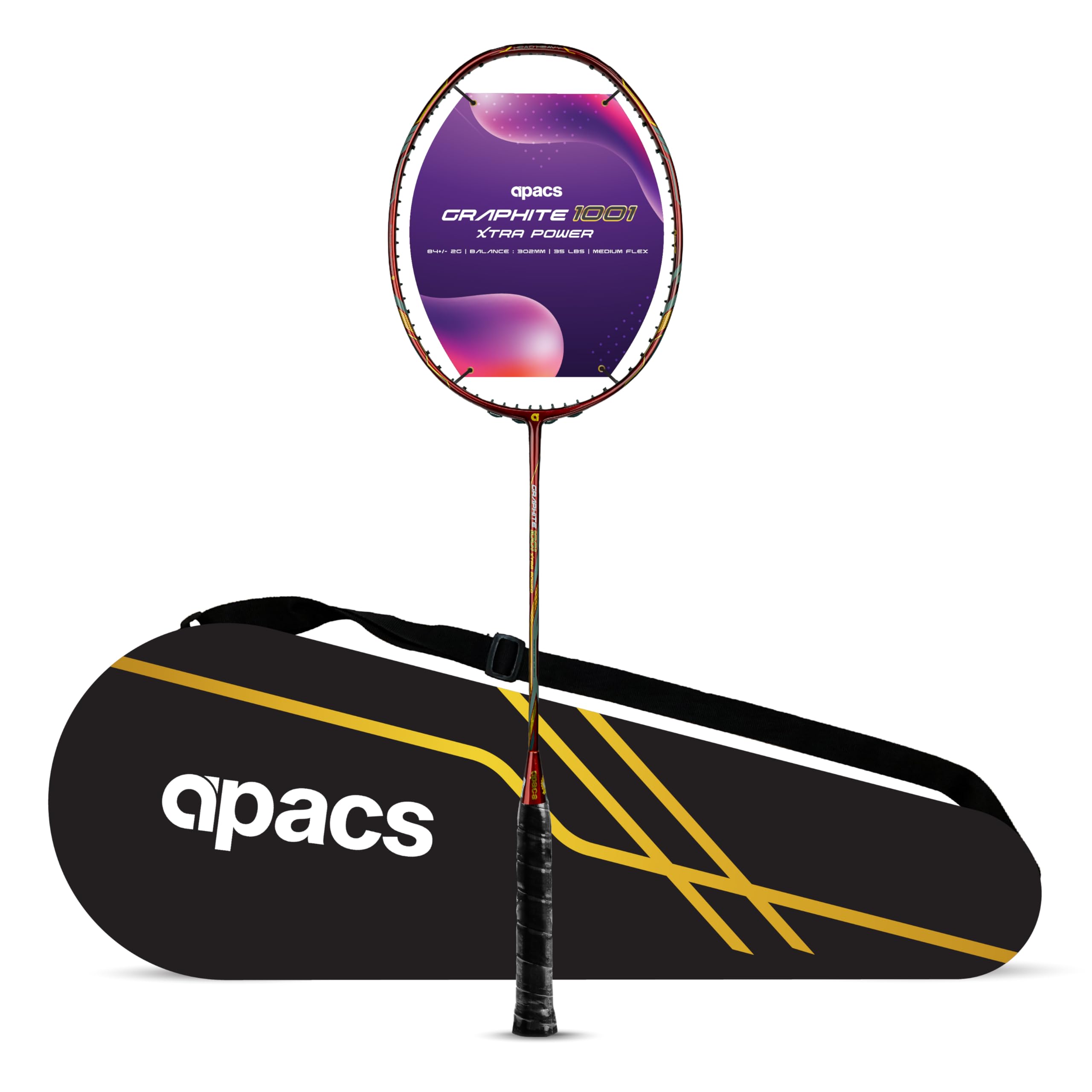 Apacs Graphite 1001 Xtra Power (36LBS, Power Frame with 100% Japanese Graphite) Badminton Racket with Full Cover (Red)