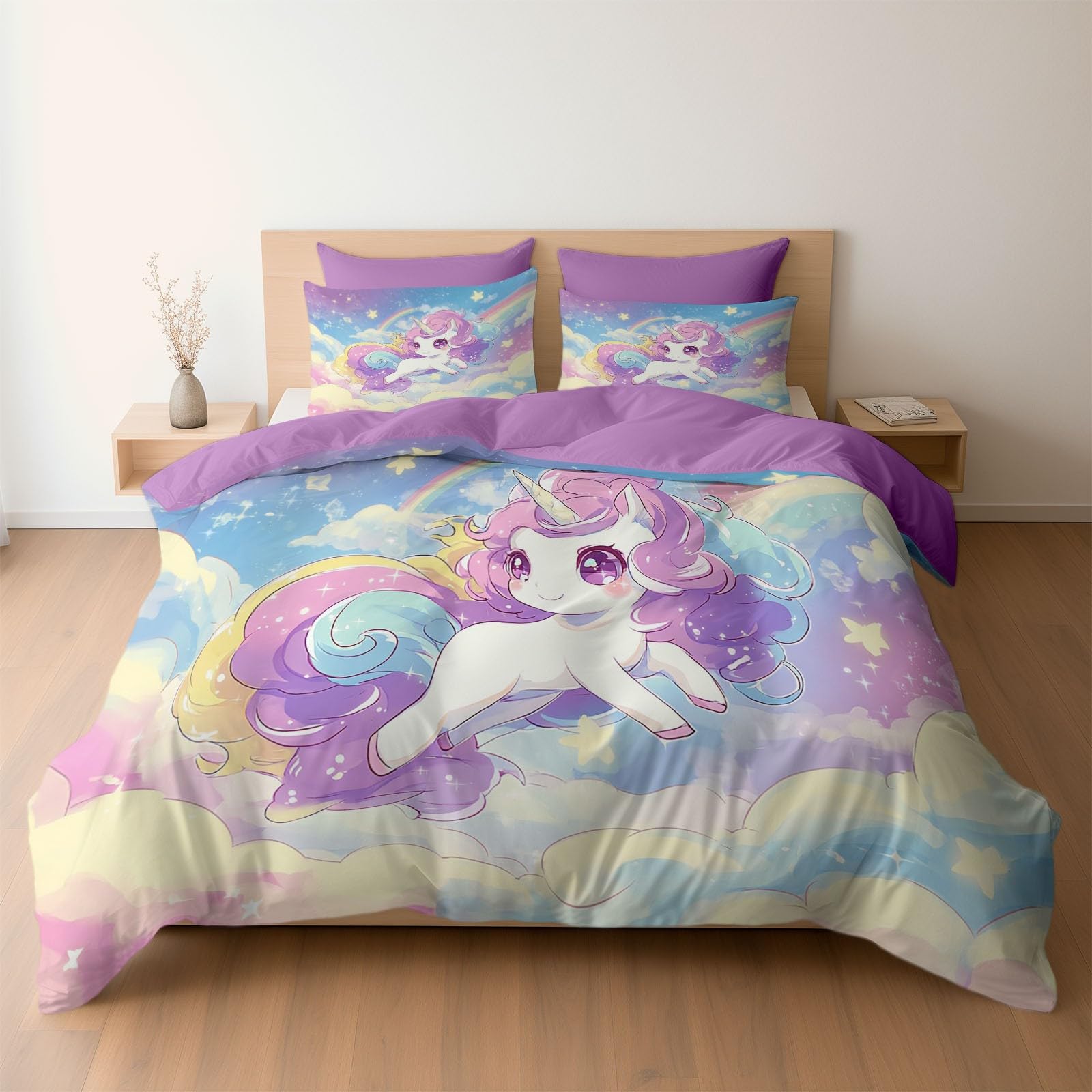 Housse de couette 220 x 240 licorne parure de lit violette microfibre 3 pièces