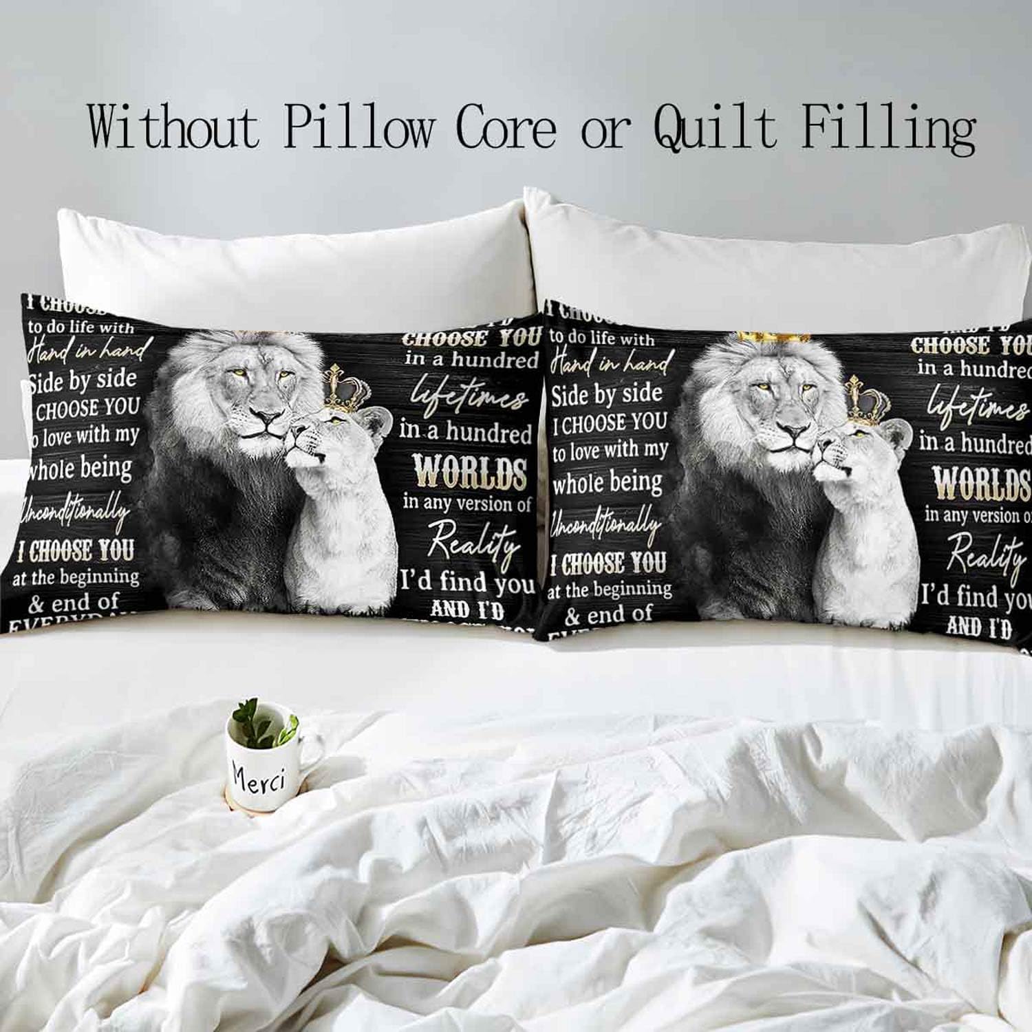 VIVIHOME 3PCS Lion King & Queen Bedding Set, African Safari Animal Black Bedding, Comforter Cover, Wedding Valentines Bedroom Decor for Couples, Romantic Lion Couple Gifts, I Choose You, 2 Pillowcases