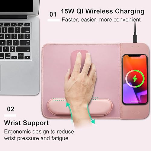 Miniatura 2 de Alfombrilla de mouse de carga inalámbrica de 15 W con soporte de muñeca desmontable, cargador rápido de teléfono QI alfombrilla de mouse para iPhone