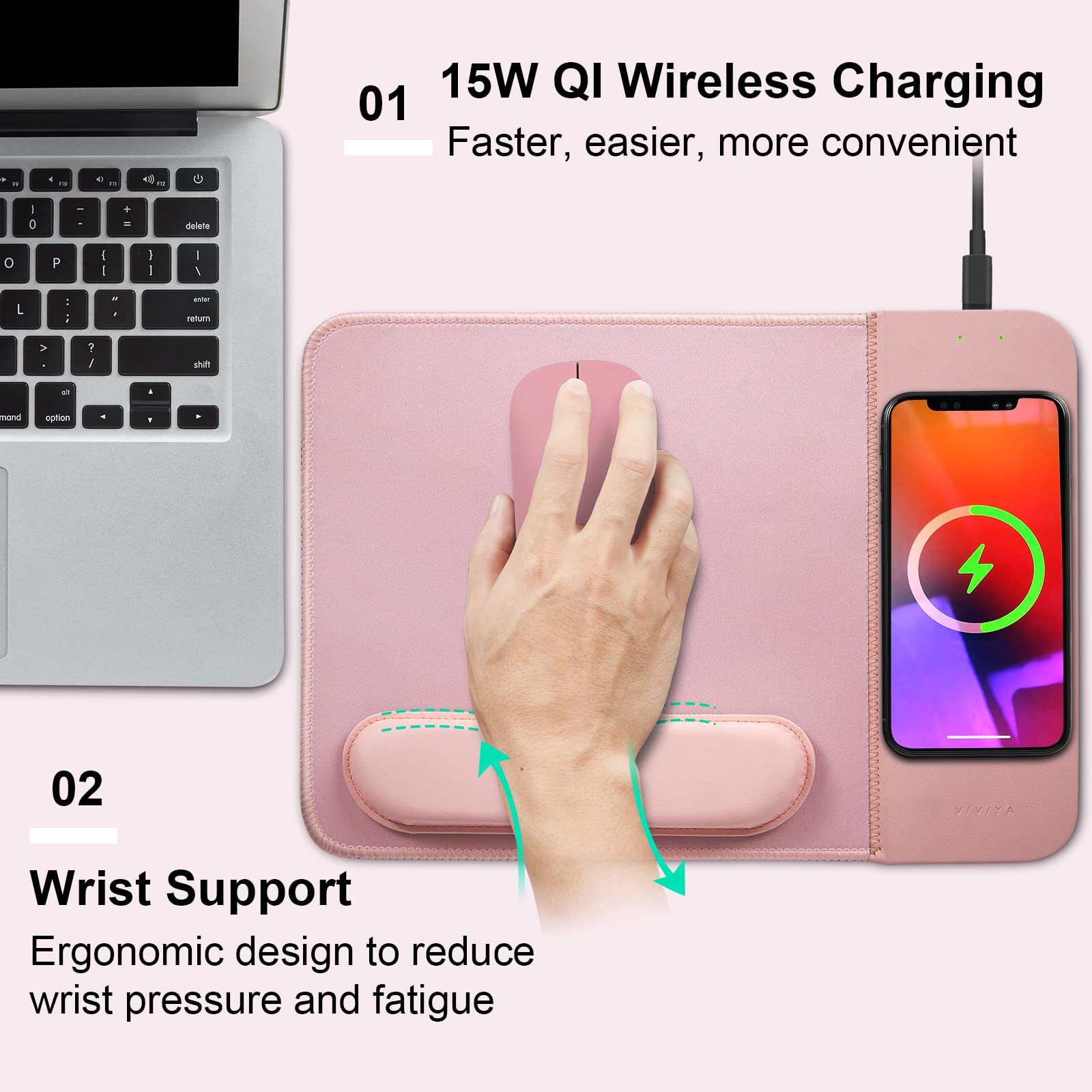 VIVIYA 15W Wireless Charging Mouse Pad with Detachable Wrist Support and 20W Power Adapter, Fast QI Wireless Phone Charger Mouse Mat for iPhone 14/13/12/11/X/8 and Samsung Multiple Devices (Pink)