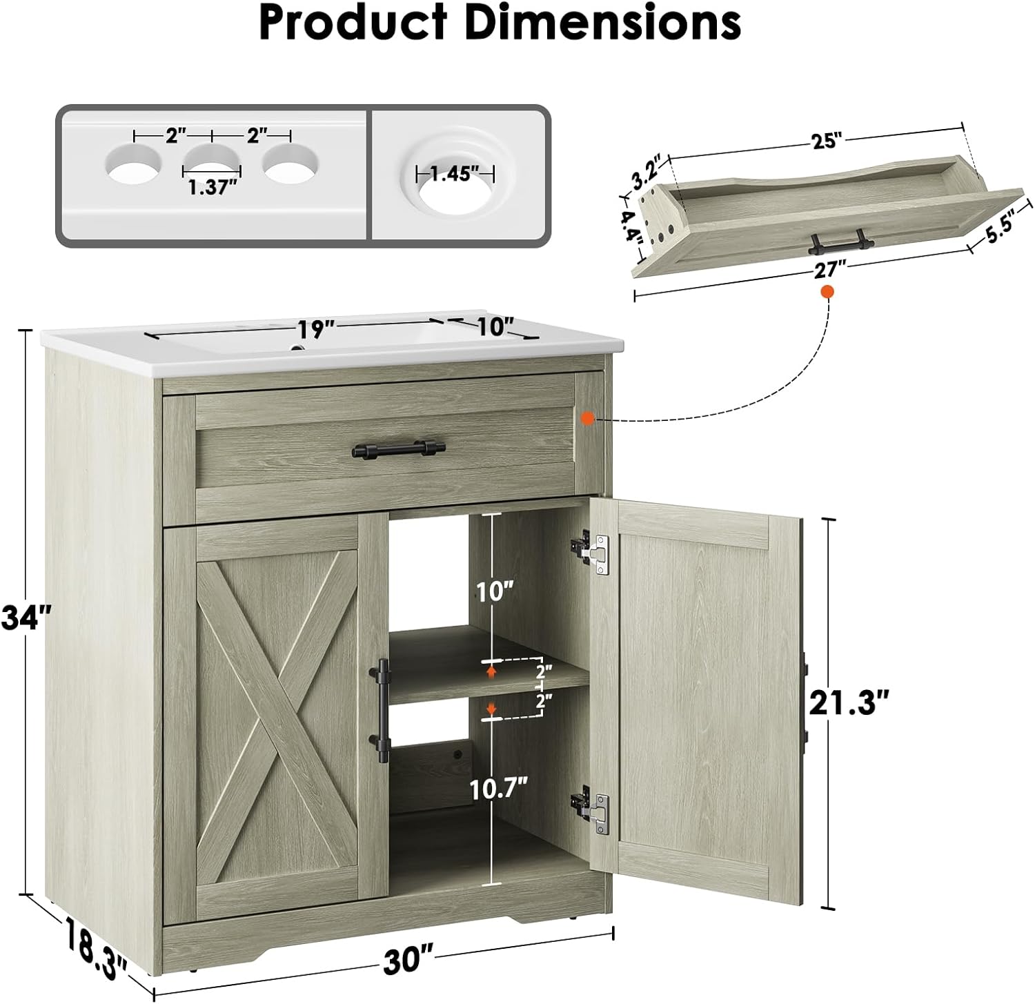 Amada 30″ Bathroom Vanity with Ceramic Sink, Farmhouse Undermount Vanity Sink Cabinet with 2 Doors and 1 Drawer, Free Standing Bathroom Storage Cabinet with Sink Combo Set, Grey