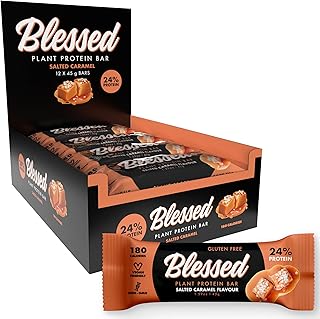 Blessed Vegan Protein Bars - Plant Based Protein Bars Low Calorie High Protein Meal Replacement Bar - Dairy Free, Nutritious Vegan Snacks - 12 Pack Salted Caramel