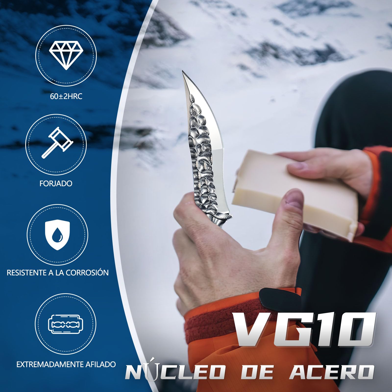 Japaknives Cuchillo de supervivencia para exteriores, hoja fija de acero VG10, estructura integral full tang, con funda de cuero para senderismo y aventura.