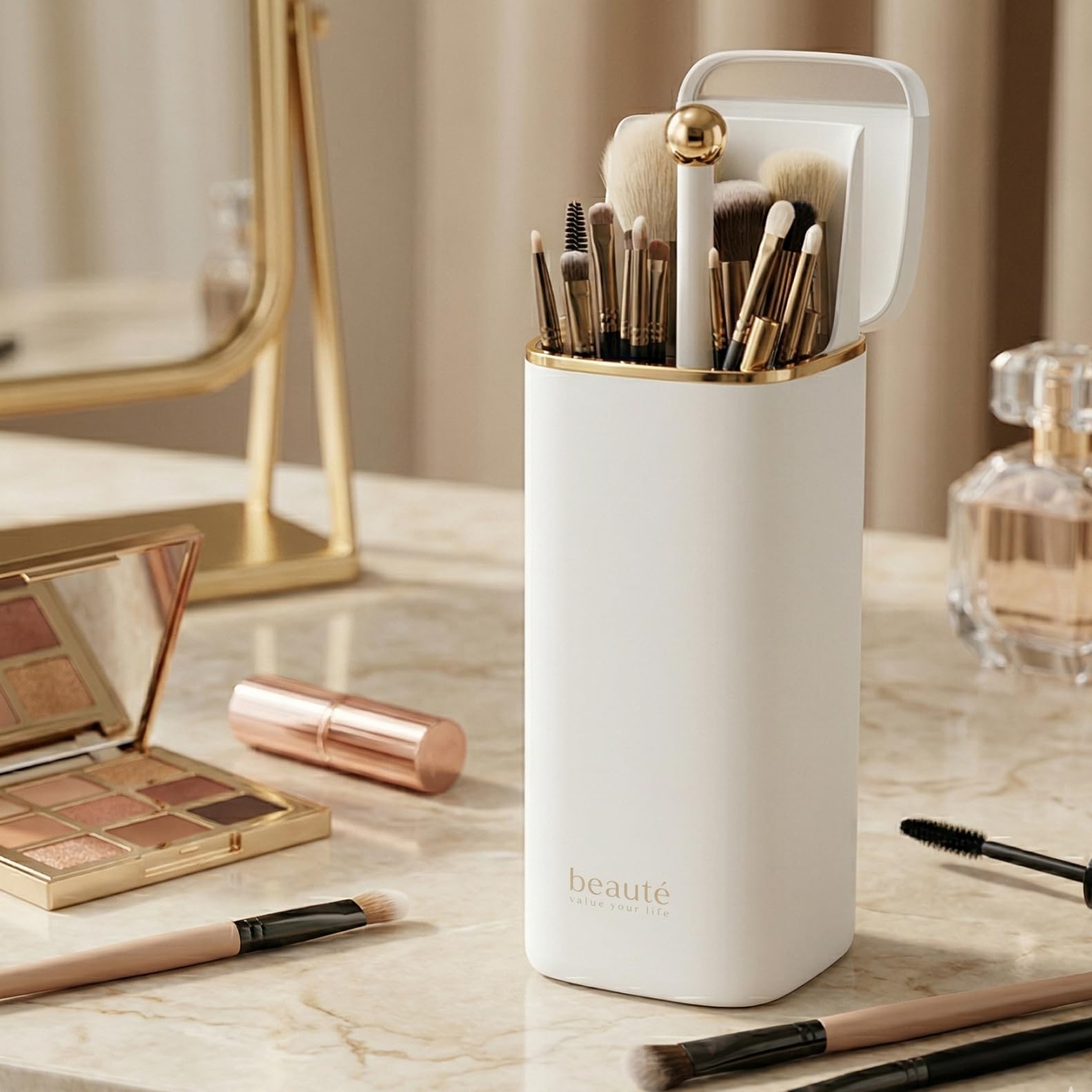 Questsole Automatic Lifting Makeup Brush Holder with Dustproof Lid | 4 Compartments Vanity Organizer for Makeup Brushes, Eyebrow Pencils & Cosmetics | Waterproof Storage Box-image-39