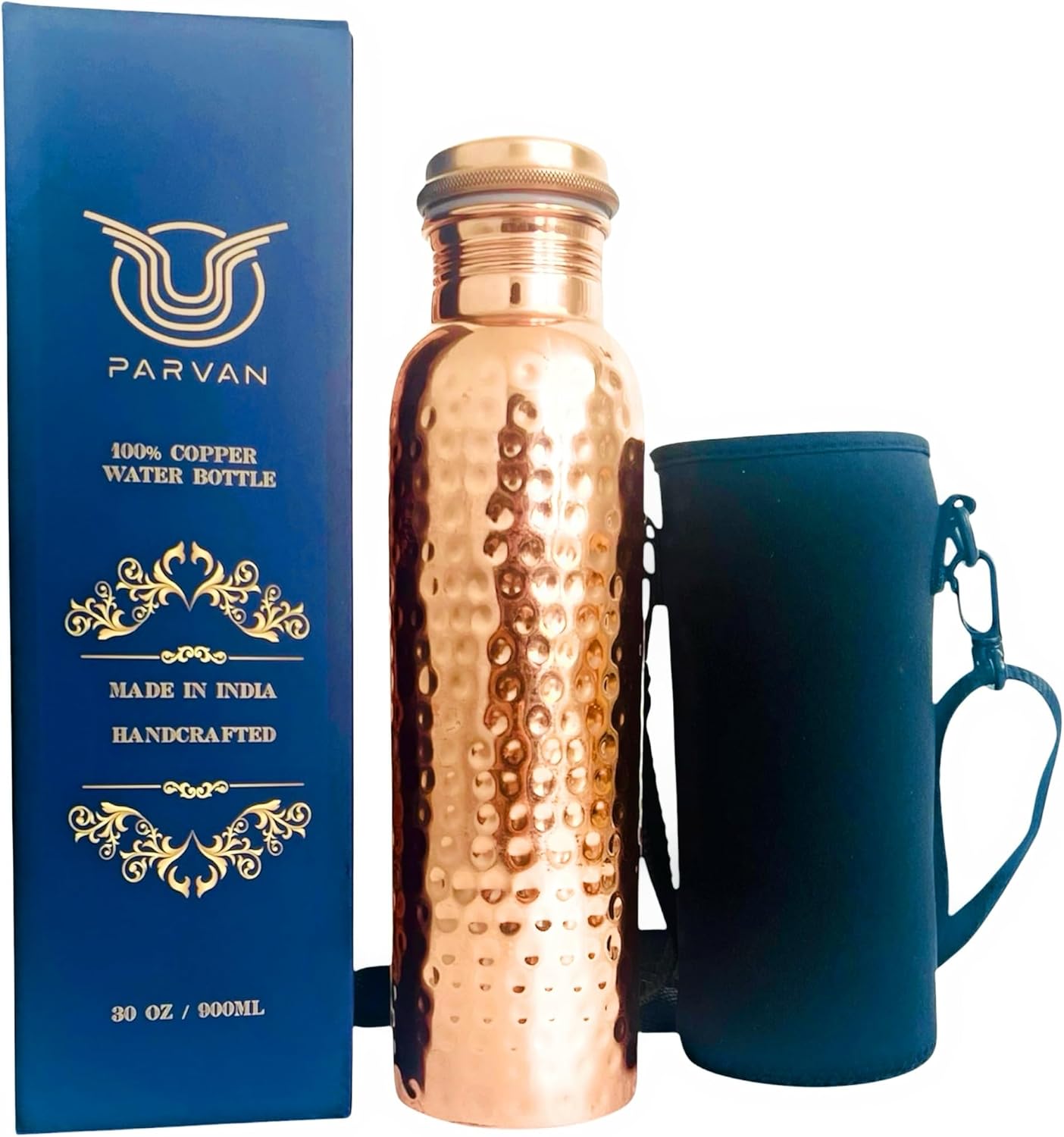 Copper Water Bottle (30 oz / 900ml) Large size – 100% Pure Copper Handcrafted Hammered Ayurvedic Vessel – Leak-Proof Health & Wellness Flask for Home, Office, Gym & Yoga – Gift