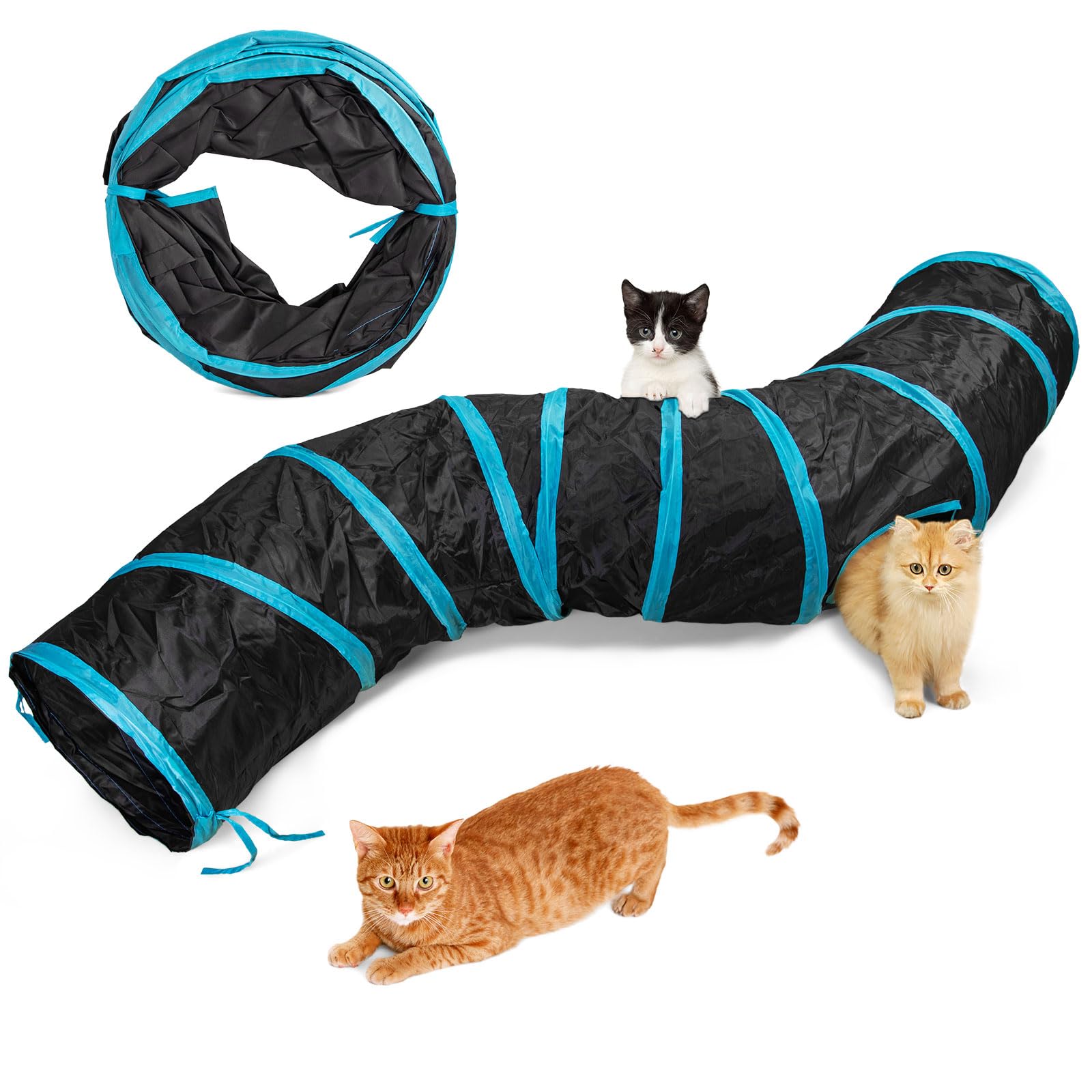 Qinxuepet Cat Tunnel, S-2-Way Cat Tunnels for Indoor Cats, Interactive Toy Maze Cat House, Foldable Cat Tubes and Tunnels for Cats Kittens, Puppies, Kitty, Kitten, Rabbit, Guinea Pigs (Blue & Black)