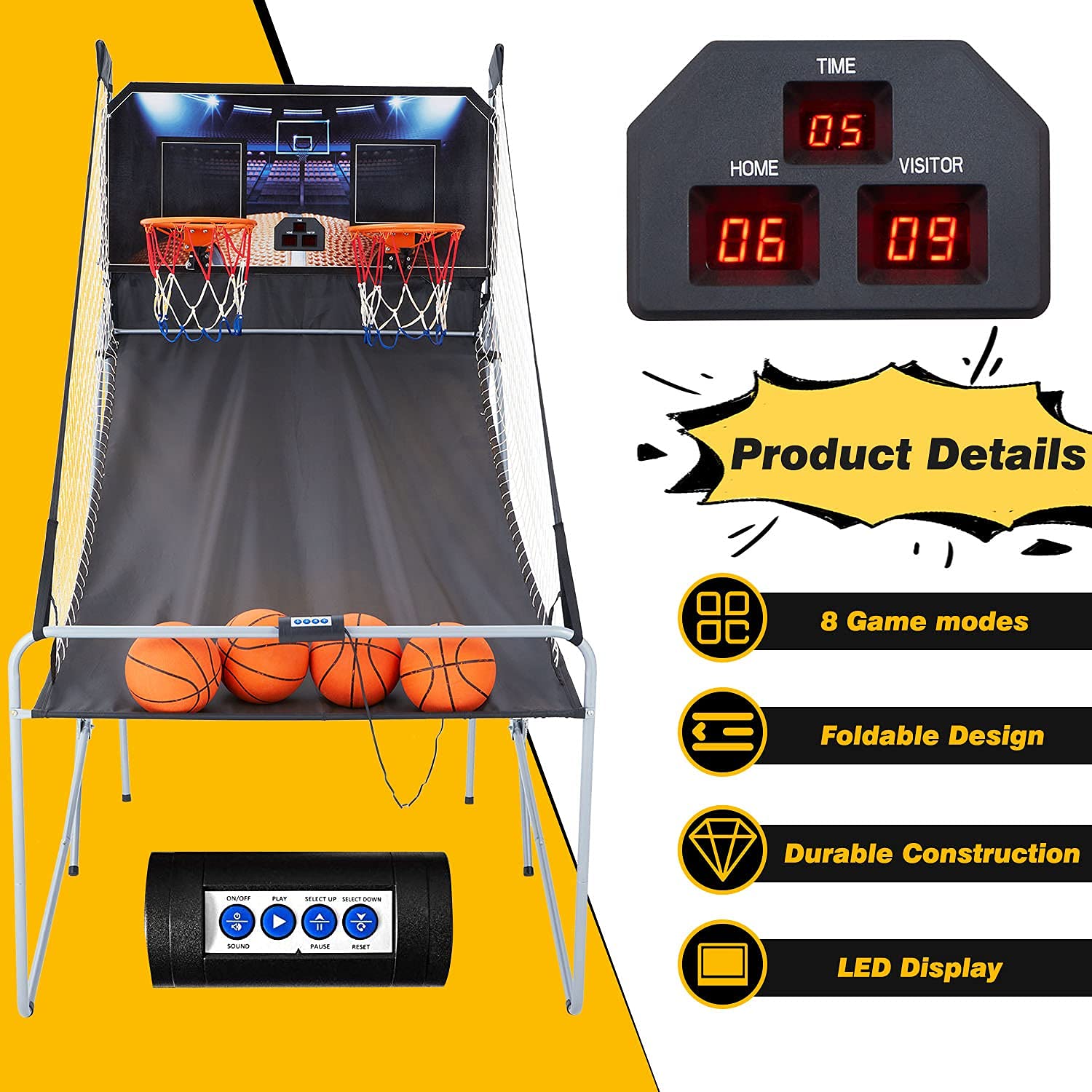HOMROM Dual Shot Foldable Basketball Arcade Game, 8 Game Modes, Arcade