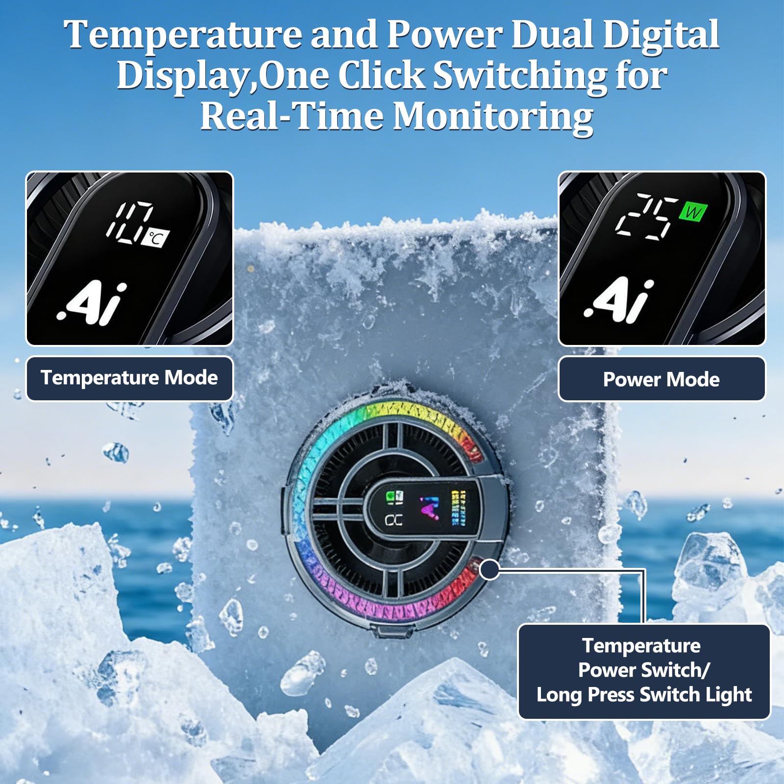 Raffreddatore magnetico per tablet con 4 modalità di raffreddamento, doppio display digitale di temperatura e potenza elettrica, radiatore universale per telefoni cellulari/tablet/iPad