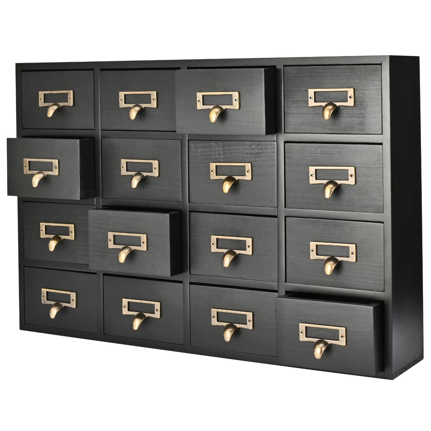 Flexzion Apothecary Cabinet with Drawers - 16 Vintage Drawers, Card Catalog Cabinet, Black Wooden Tabletop Desktop Organizer for Home Office, Jewelry, Makeup, Tools & Small Item Storage