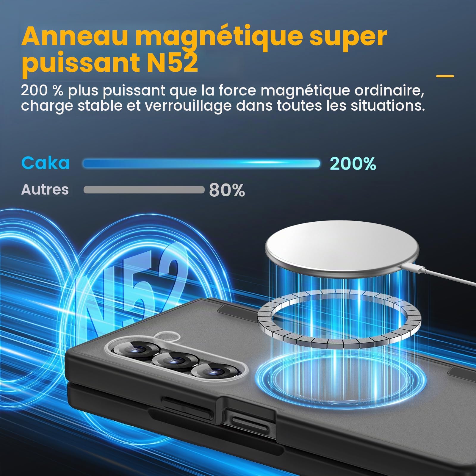 Caka Coque fine rigide translucide, Compatible Magsafe, Protection à charnière, Protection d'écran HD intégrée, antichoc, magnétique pour Samsung Galaxy Z Fold6, noir