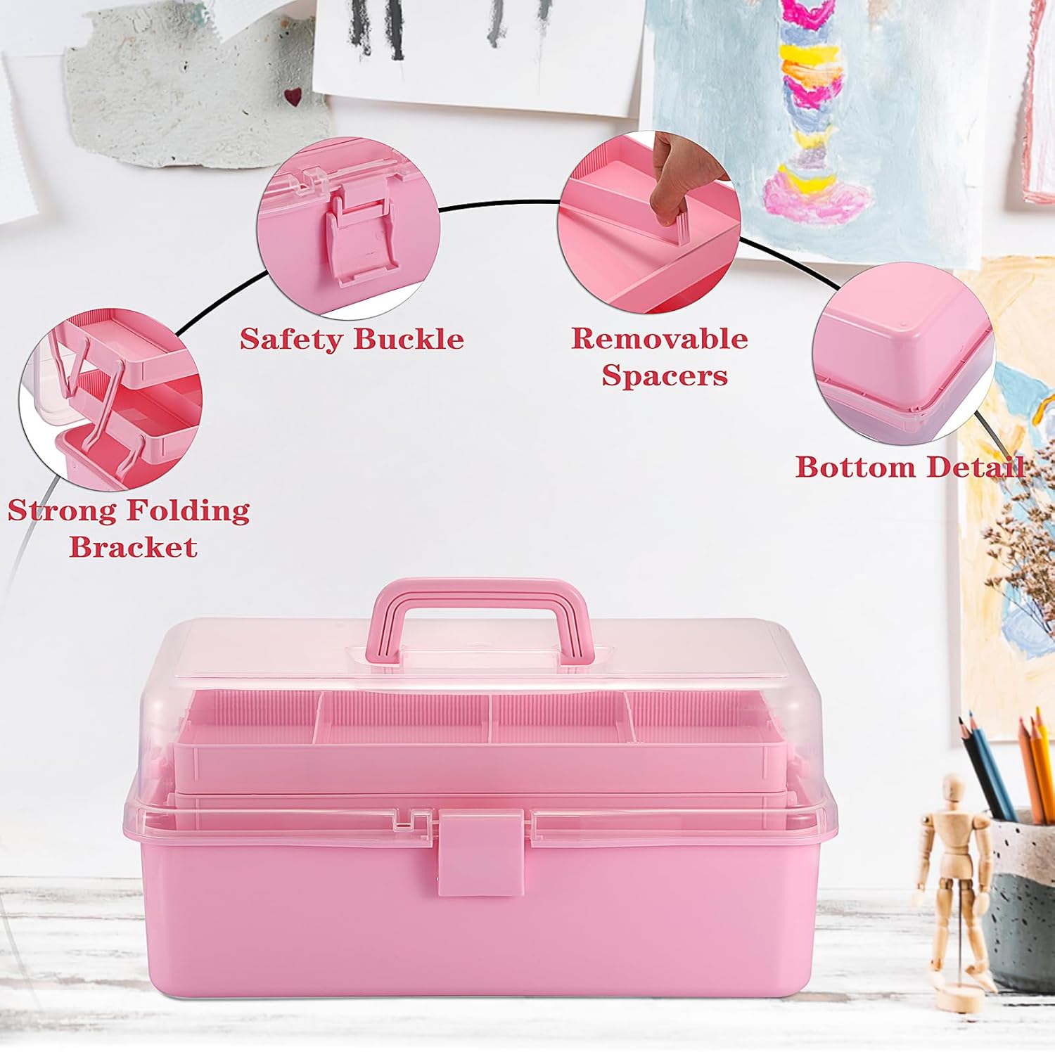 BTSKY 3-Layer 16-Inch Clear Plastic Dividing Storage Box Craft Organizer and Storage with Adjustable Spacers Portable Handled Art Supply Organizer Multipurpose Home Utility Box Sewing Organizers, Pink