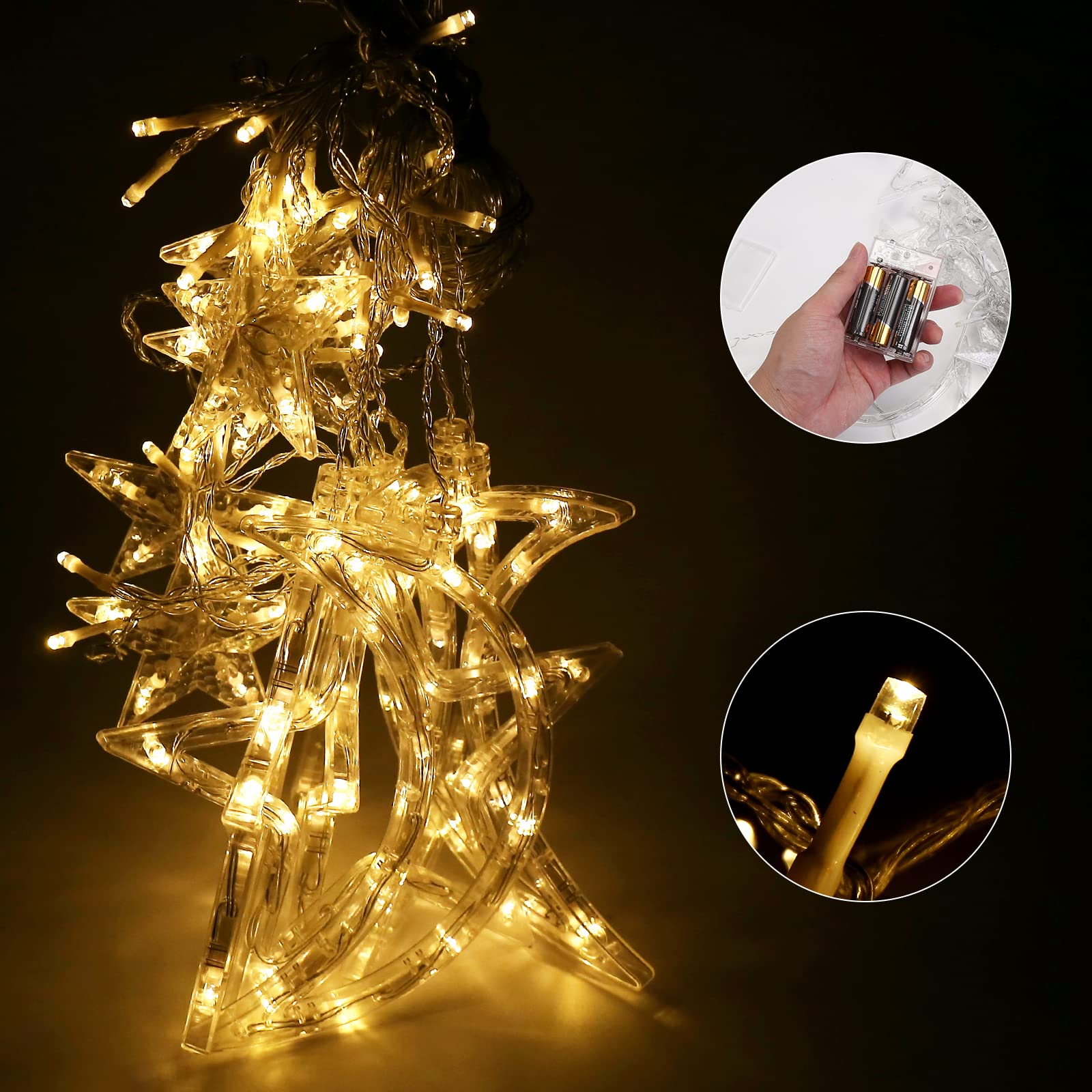 Rideaux lumineux décoratifs lune et étoiles, 3,5 m pour chambre à coucher, Noël, décoration du Ramadan, lumière LED scintillante, fonctionne avec piles ou prise USB (jaune chaud + télécommande)