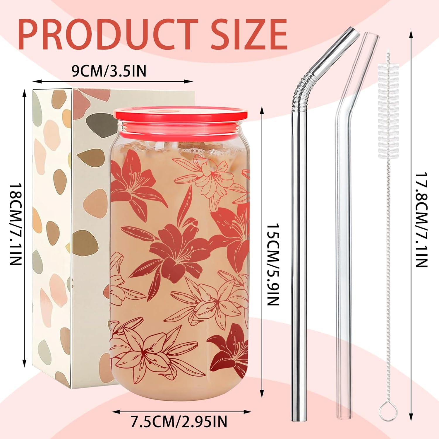 Kihraw Lily flower Glass Cups Floral Drinking Glasses Lovely Floral Iced Coffee Cup with 2 Straw 16 oz for Women Girl Holiday Summer Home Office Decorations - Image 3