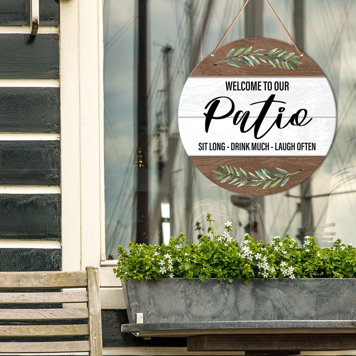 Patio Sign Decor - Round Hanging Wall Decorations for Outdoor Living, Porch, Deck, Backyard - Wood Sign Housewarming Gift for New House Friend - Sit Down Drink Much Laugh Often image 4
