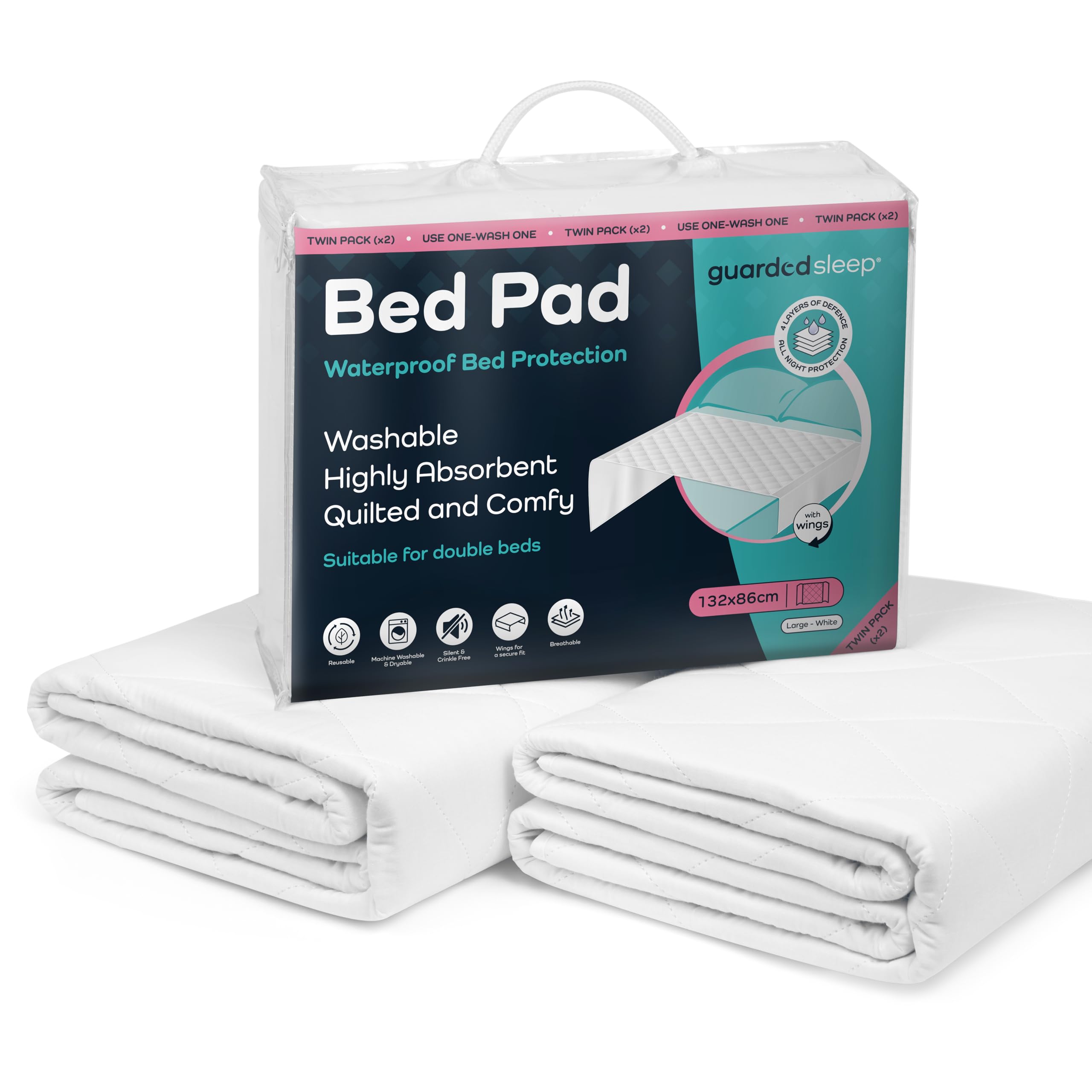GuardedSleep - 2 protectores de cama impermeables con alas | Sábana húmeda lavable de alta calidad para adultos o niños con incontinencia | Adecuado para camas dobles y king | Blanco discreto (2