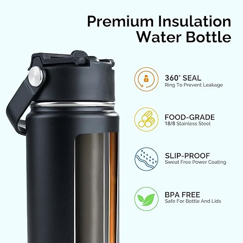 Miniatura 4 de Botella de agua aislada de acero inoxidable, 18 onzas, doble pared aislada al vacío, botella de agua a prueba de fugas con popote de silicona, tapa