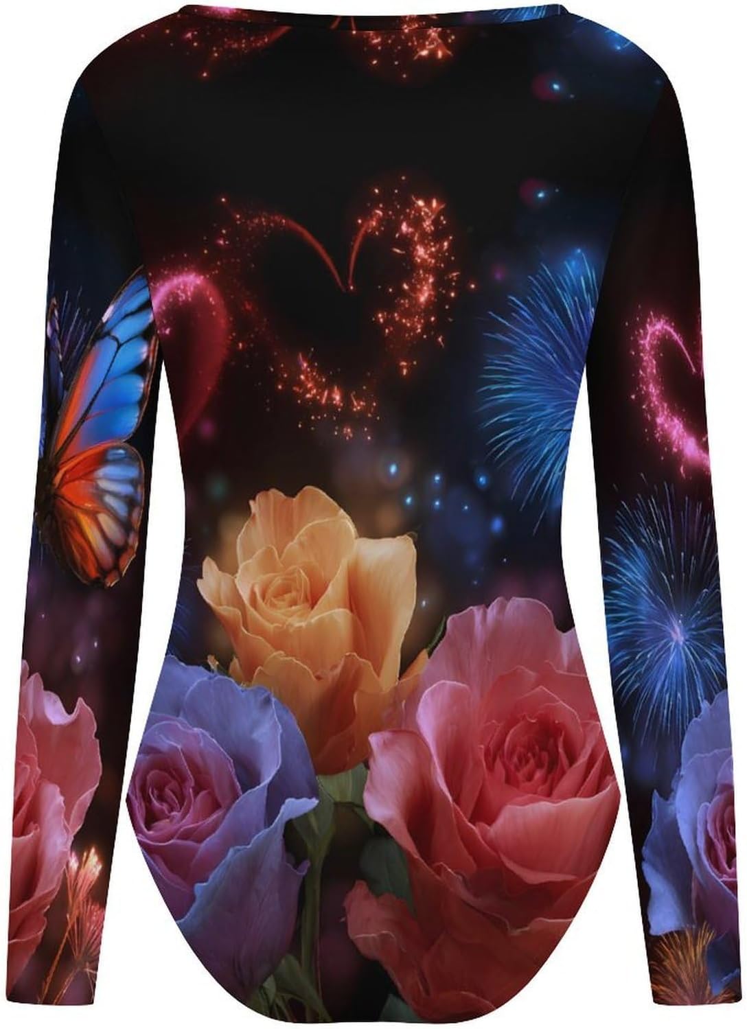 Butterflies Flroal Fireworks Women's Bodysuits Long Sleeve Top 5XL
