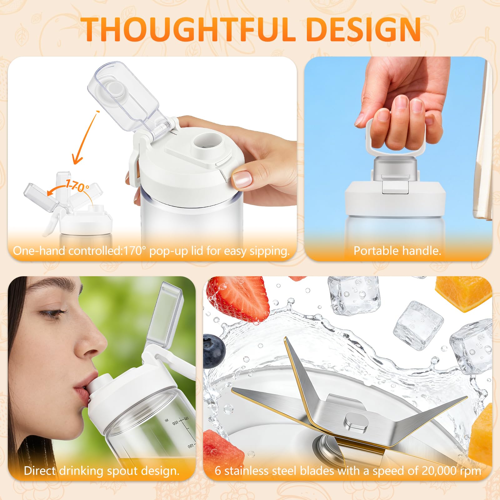 Frullatore portatile e smoothie maker to go, 650 ml, batteria da 4000 mAh, ricaricabile con USB-C, trita ghiaccio e frutta in 20 secondi, contenitore in Tritan senza BPA, frullatore senza fili per