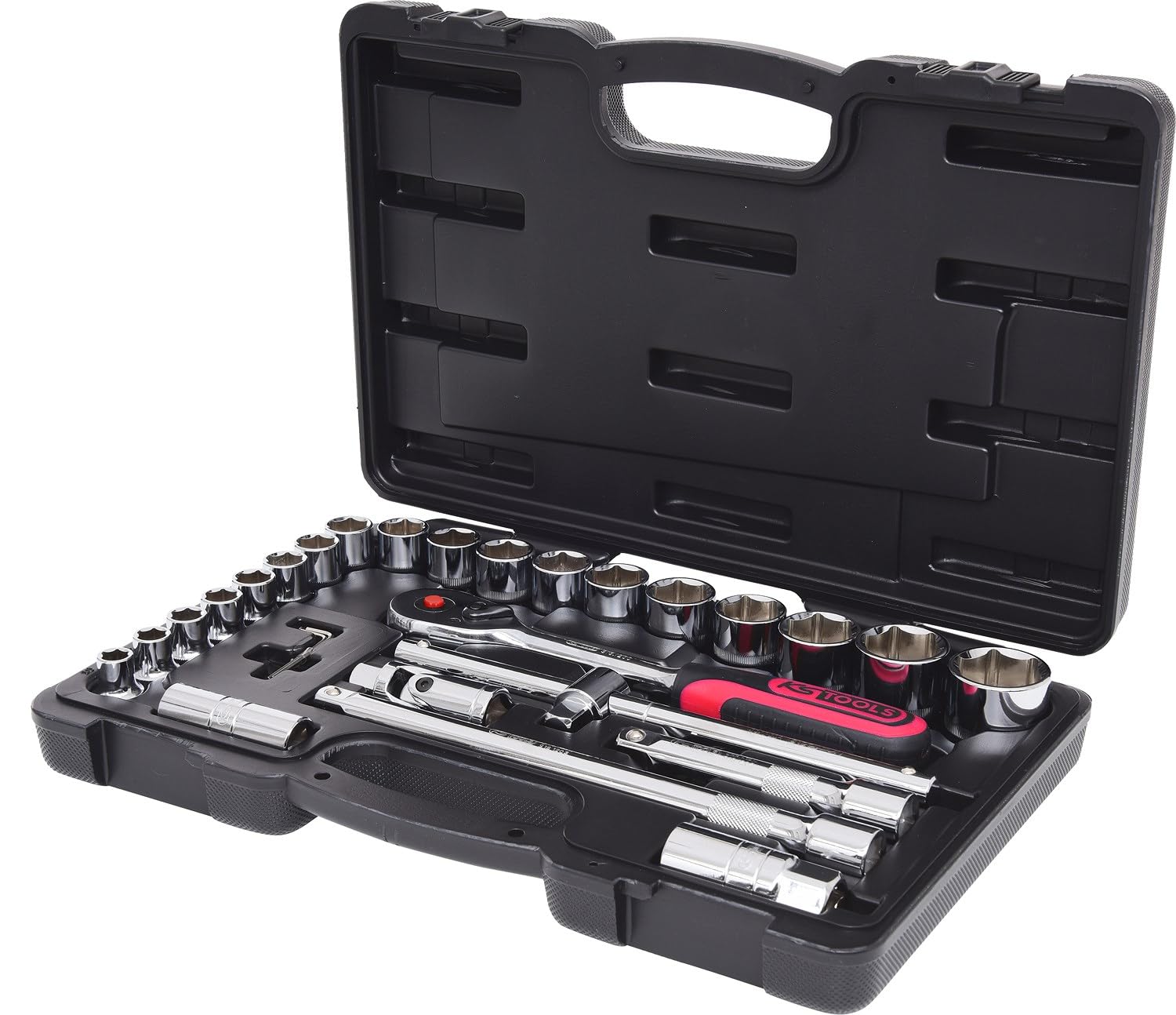 KS Tools 918.0728 1/2 Zoll CHROMEplus Steckschlüssel-Satz | inklusive Umschaltknarre, 45-Zahn | hochglanz verchromt | 28-tlg.