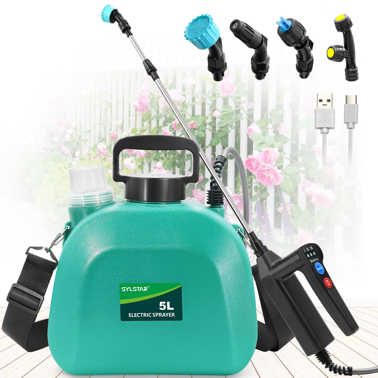 SYLSTAR Pompa Irroratrice a Batteria da 5L, 3 Velocità di Pompa Irroratrice,7.4V Spruzzatore Forte con Indicatore di Batteria, 4 Ugelli Regolabili Nebulizzatore Piante per Giardino (Verde)