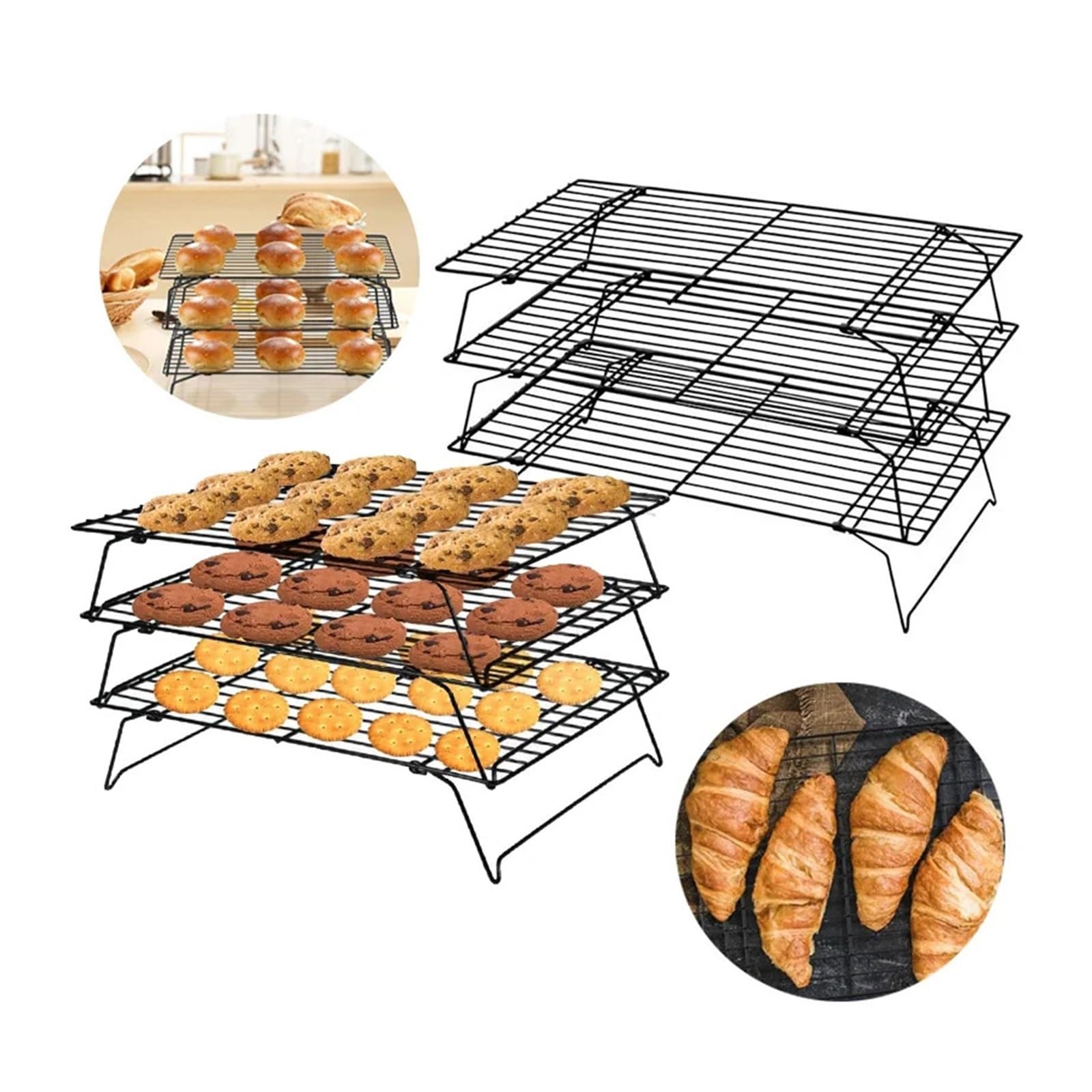 Griglia metallica antiaderente pieghevole a 3 strati in acciaio inossidabile | Griglia di raffreddamento for torte Teglia da forno Forno Porta pane for pizza Scaffale for barbecue Cucina(3 layer)
