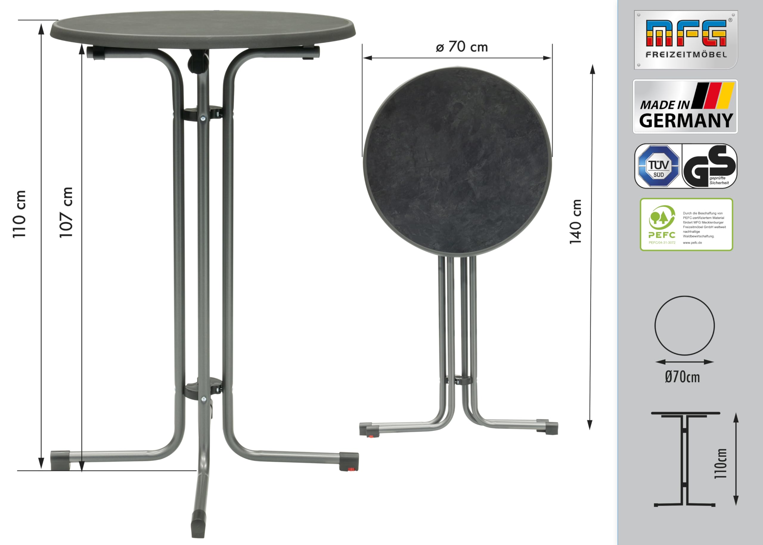MFG Stehtisch d=70 cm, klappbar, anthrazit/Schiefer