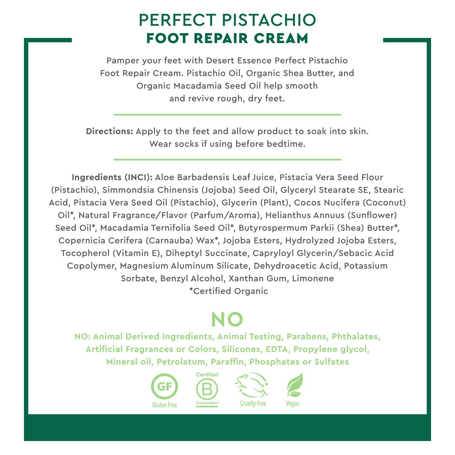 Desert Essence Pistachio Foot Repair Cream - 3.5 Fl Ounce - Restores Softness - Skin Repair & Renewal - Pistachio Nut Oil - Shea Butter - Macadamia Seed Oil - Cruelty-Free : Beauty & Personal Care