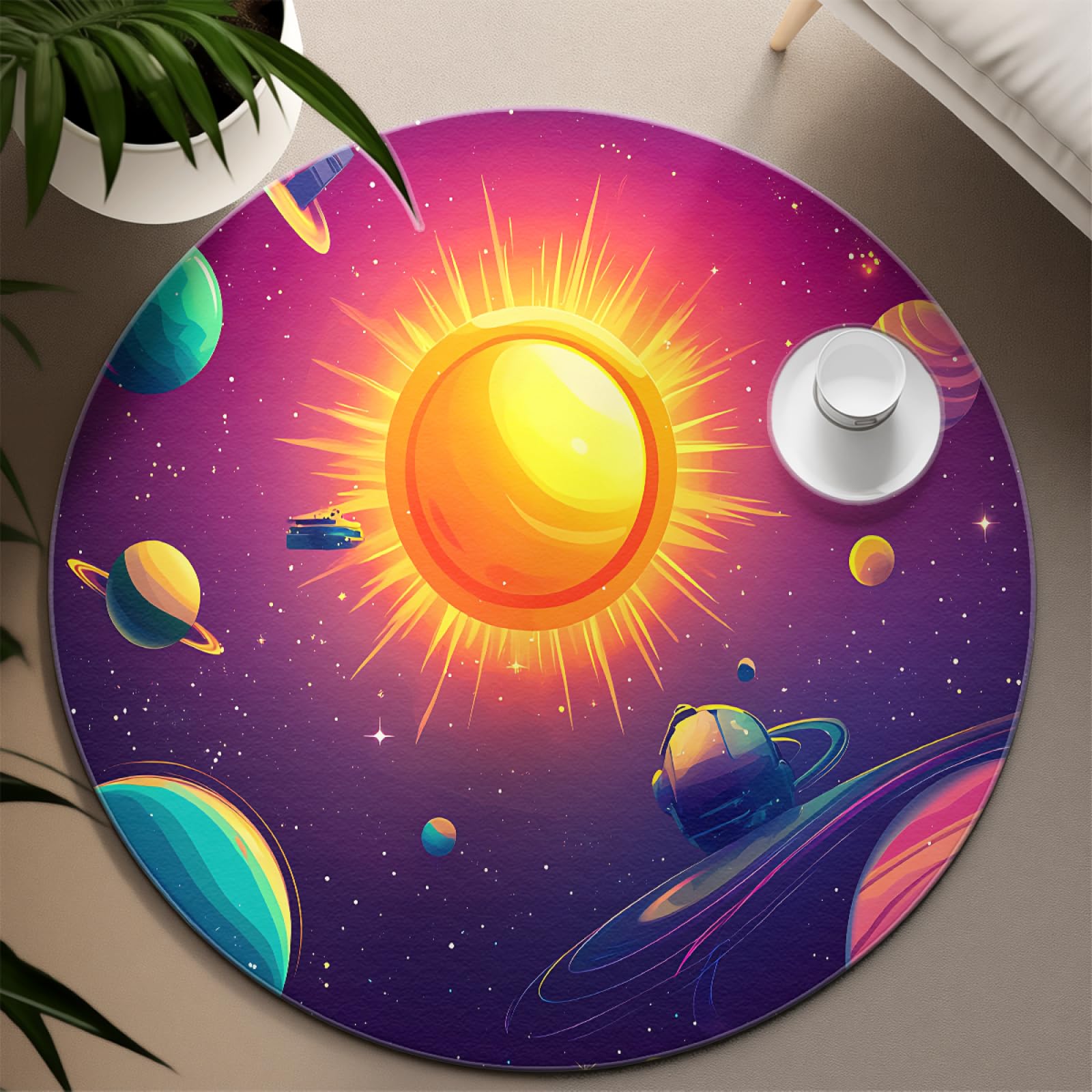 Tappeti rotondi Sun - Tappeti antiscivolo pianeti colorati Tappeto lavabile a pelo corto per sala giochi Lavanderia Stanza dei giochi Sala giochi Sala studio 200cm
