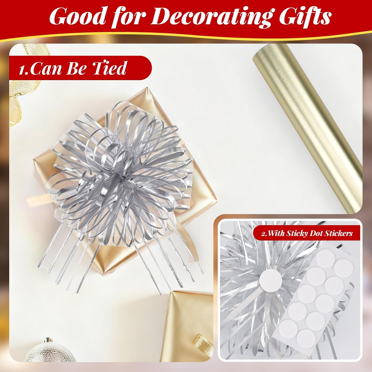 EUSOAR Gift Wrapping Bows, 6pcs 6" Silver Organza Present Large Ribbon Pull Bow, Gift Baskets Flower Bouquets Boxes Wrap Bows for Wedding Christmas Birthday Party Valentine Holiday Anniversary
