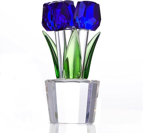 Qianwei Figura de flores de tulipanes de cristal azul con jarrón Ramo de flores de cristal, figuras coleccionables, decoración de cristal para