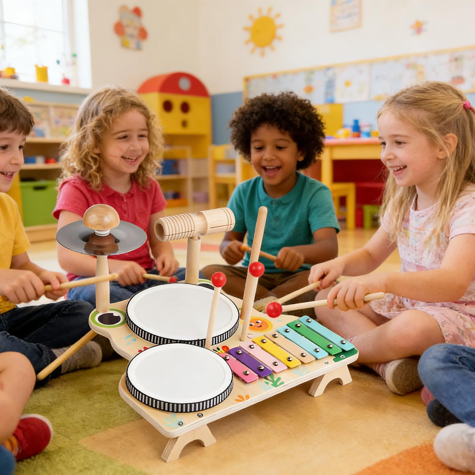 Colección de Tambores educativos para niños con 4 Instrumentos para desarrollar Habilidades Musicales Muñecos de coordinación Mano-Ojo para niños pequeños