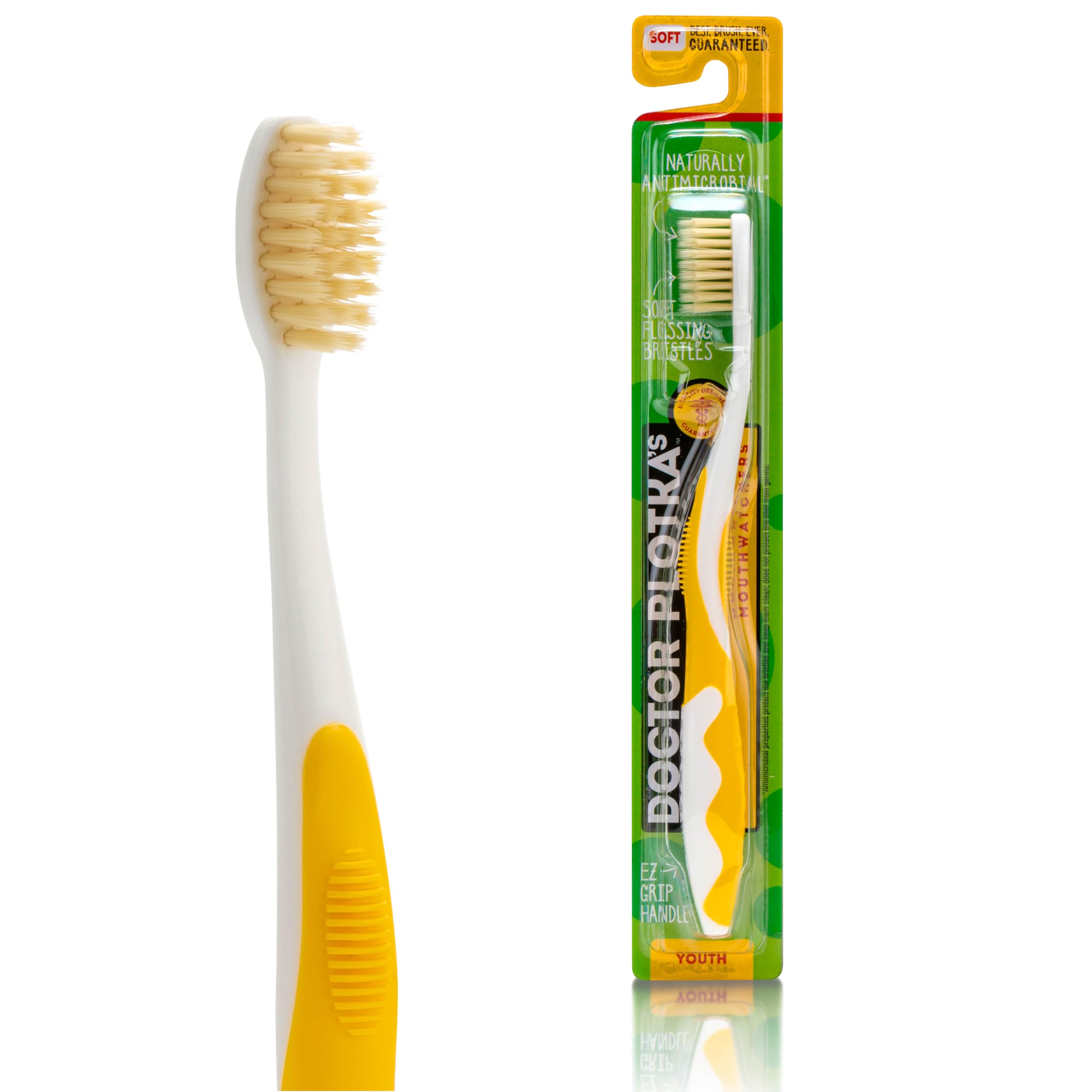 MOUTHWATCHERS Soft Flossing Toothbrushes for Kids, Yellow, Ultra Clean Manual Toothbrush for Sensitive Teeth & Gums, by Dr. Plotka