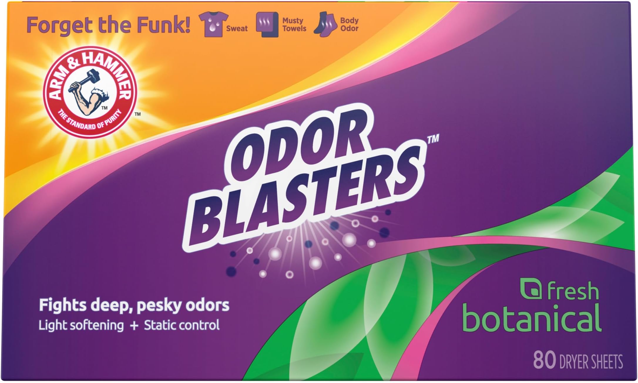 ARM & HAMMER Dryer Sheets, Fabric Softener Sheets with Odor Blasters, Fresh Botanical Scent, 80 Ct