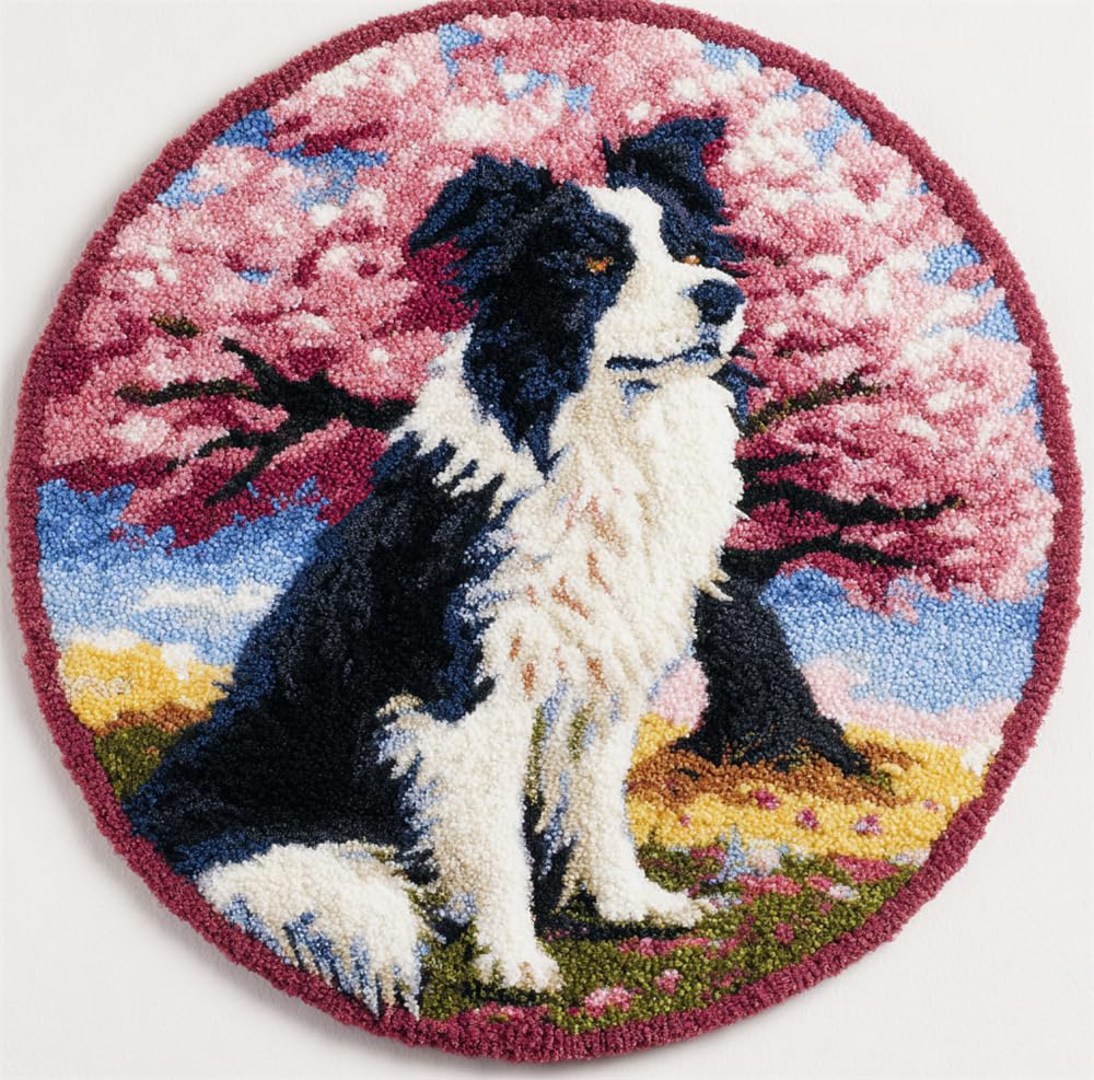 Latch Hook Rug Kit, Diy Latch Hook Border Collie Under The Cherry Blossom Tree 20X20Inch (50X50Cm) Rug Handmade Carpet, Crochet Yarn Embroidery Needlework Hooks Diy Latchs Kit For Beginners,