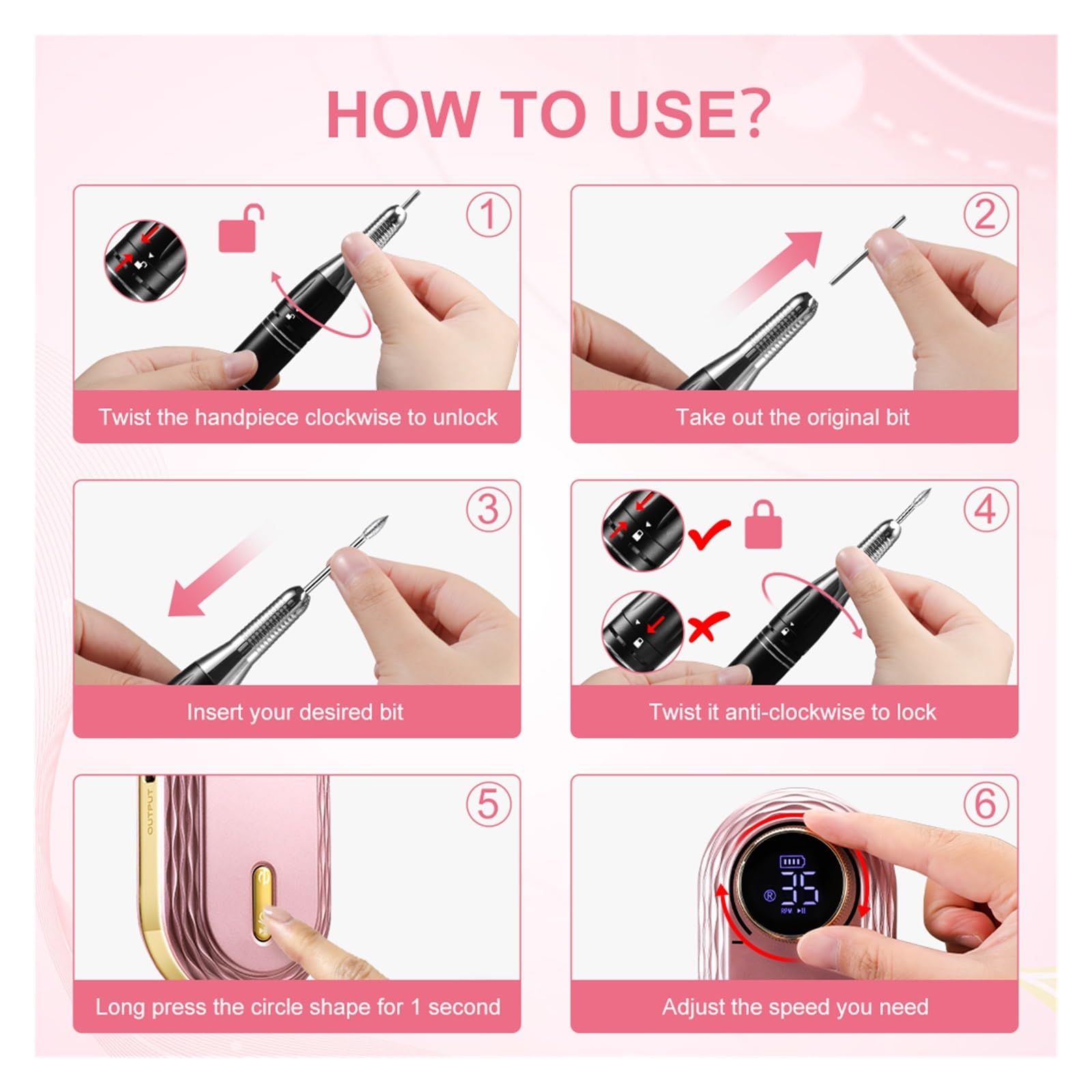 Nagelfräser, 35000RPM Nagel Bohrer Maschine LCD Display Tragbare Wiederaufladbare for Maniküre Pediküre Werkzeuge Professionelle Ausrüstung(Noir)
