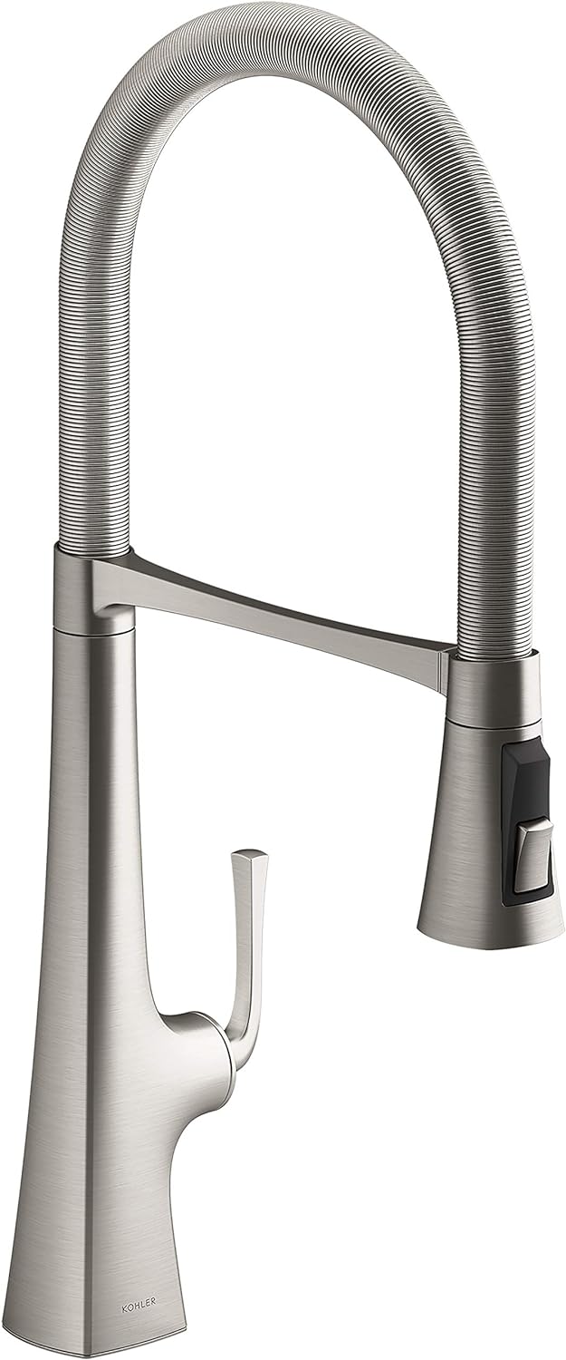 Kohler 22060-VS Graze Commercial, 3 Function Tall Semi-pro Kitchen Sink Faucet with Pull Down Sprayer, Vibrant Stainless product image