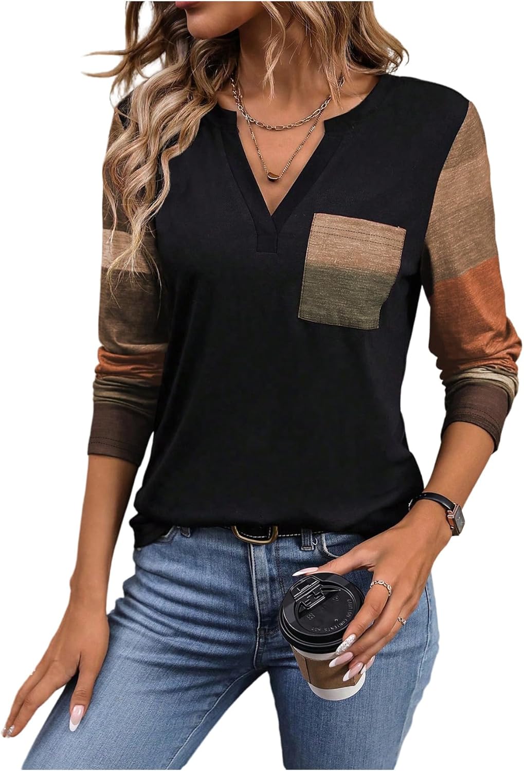 SOLY HUX Women's Color Block T Shirt Notched V Neck Long Sleeve Tee Tops Casual Fall Clothes