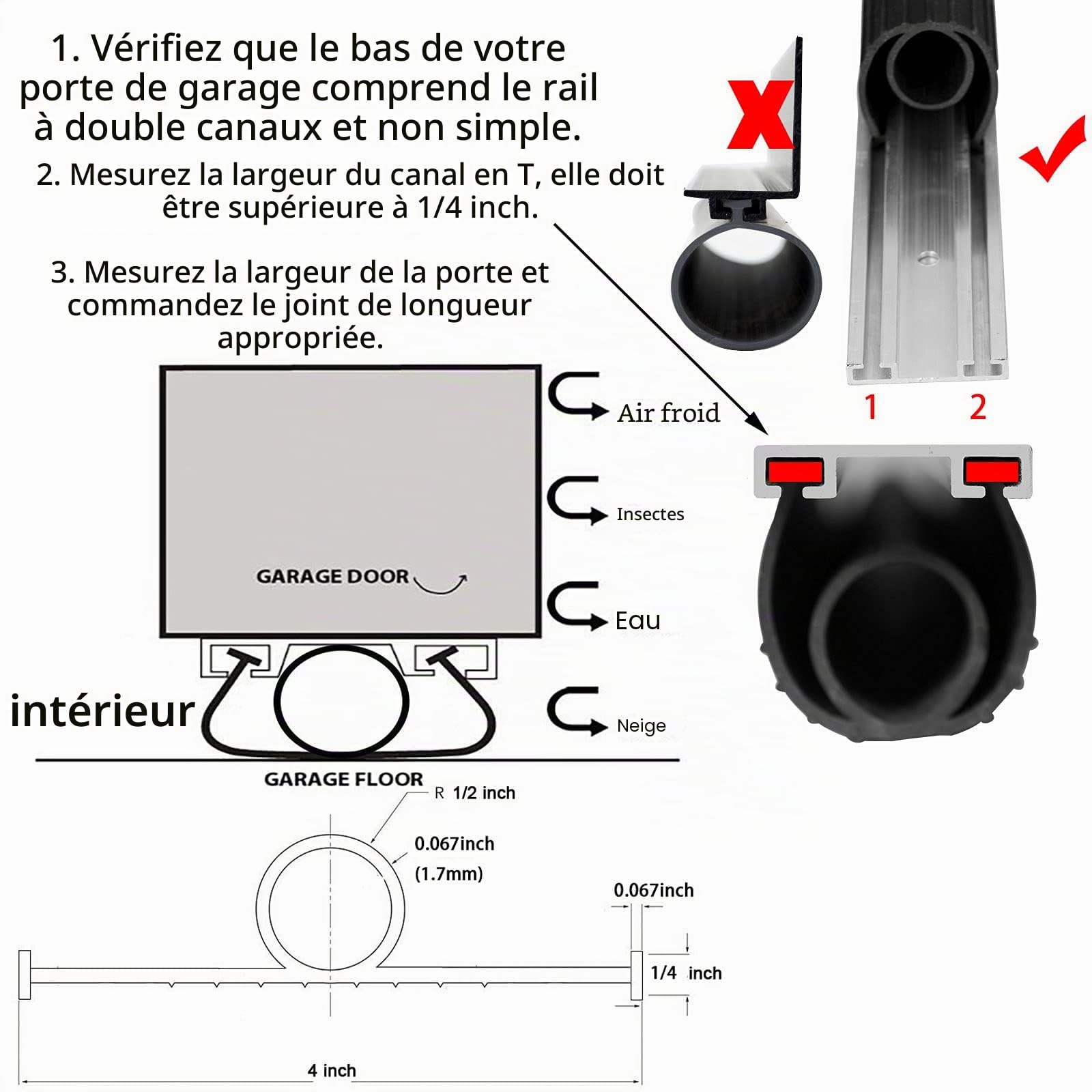 BOWSEN Joint de bas de porte de garage résistant aux intempéries - Noir - 6,35 mm - Extrémité en T - 3 m de long