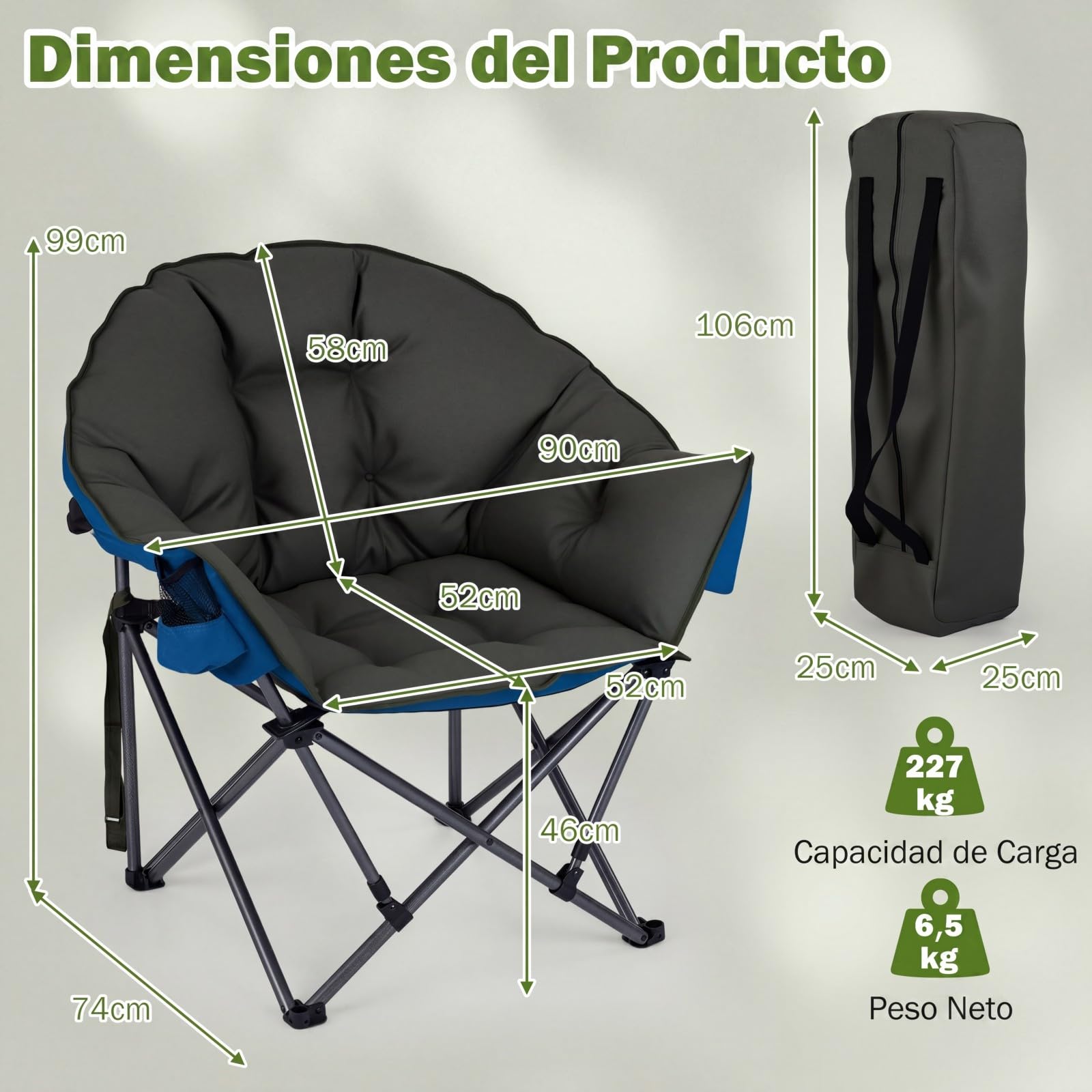 COSTWAY Silla Camping Plegable XXL, Sillón Aclchado Grande, Estructura Metálica, Portavasos, Bolsa de Transporte, Silla Exterior Portátil Playa Picnic Pesca, Carga 227 kg, 74 x 90 x 99 cm (Verde)