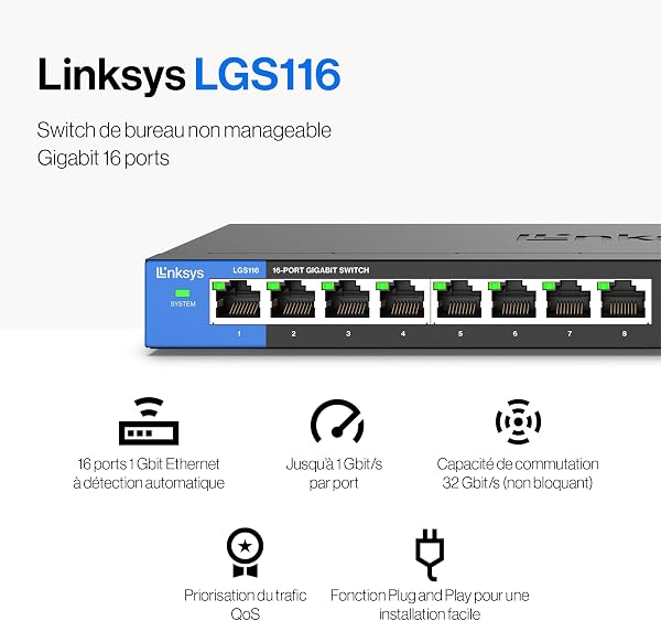 Linksys Switch Non Manageable Gigabit Avec 16 Ports Lgs116-Eu (ethernet Maison et Bureau Avec Boîtier Métallique, Séparateur ethernet au Mur Ou sur Un Bureau, Plug & Play) - 2