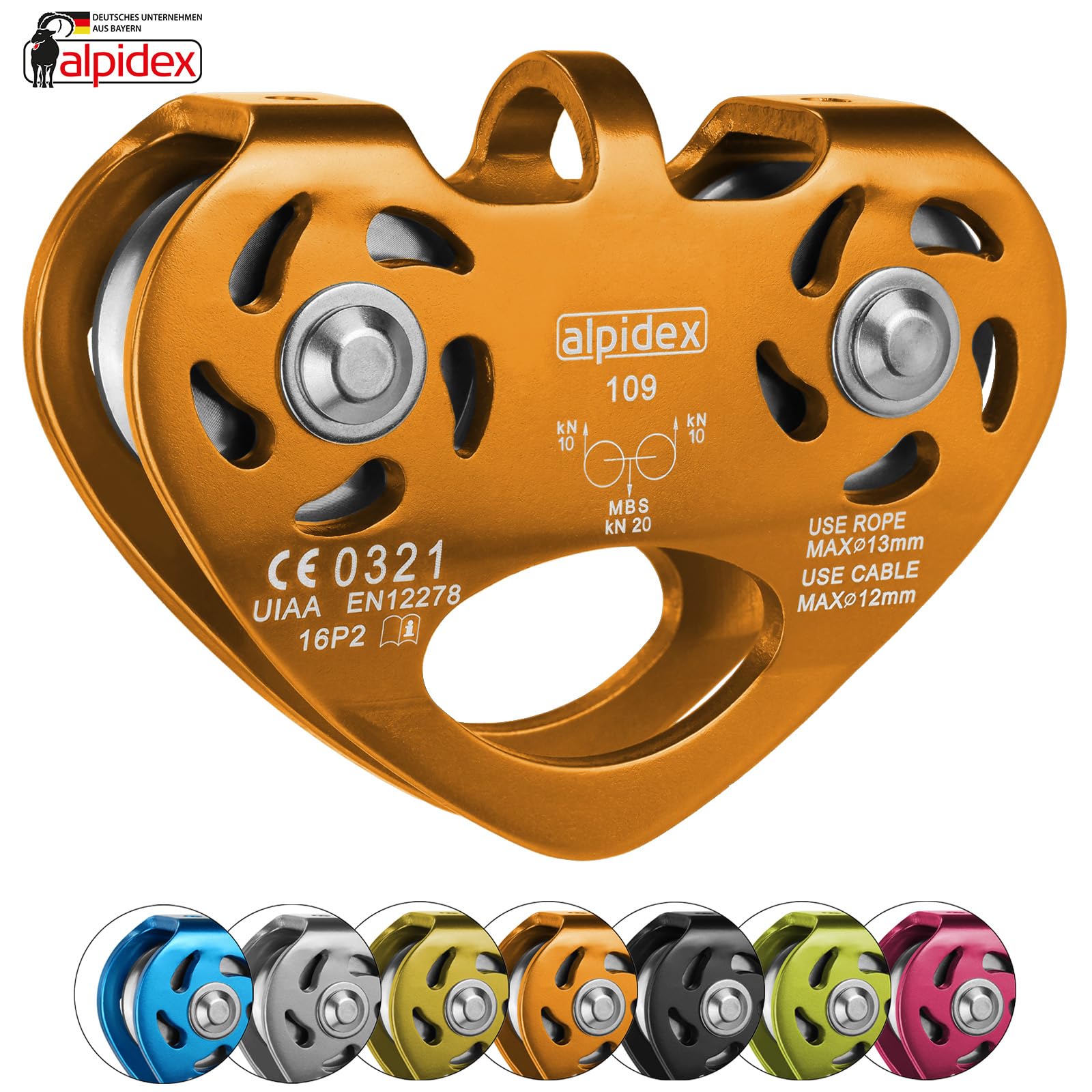 ALPIDEX Tandemrolle Seilrolle 20 kN | Umlenkrolle | Tandem Pulley | Norm EN12278 | Kugellager | Doppelte Rollen | Stahlseile bis 12 mm Ø | Textilseile bis 13 mm Ø | Doppelseilrolle - Farbe: orange