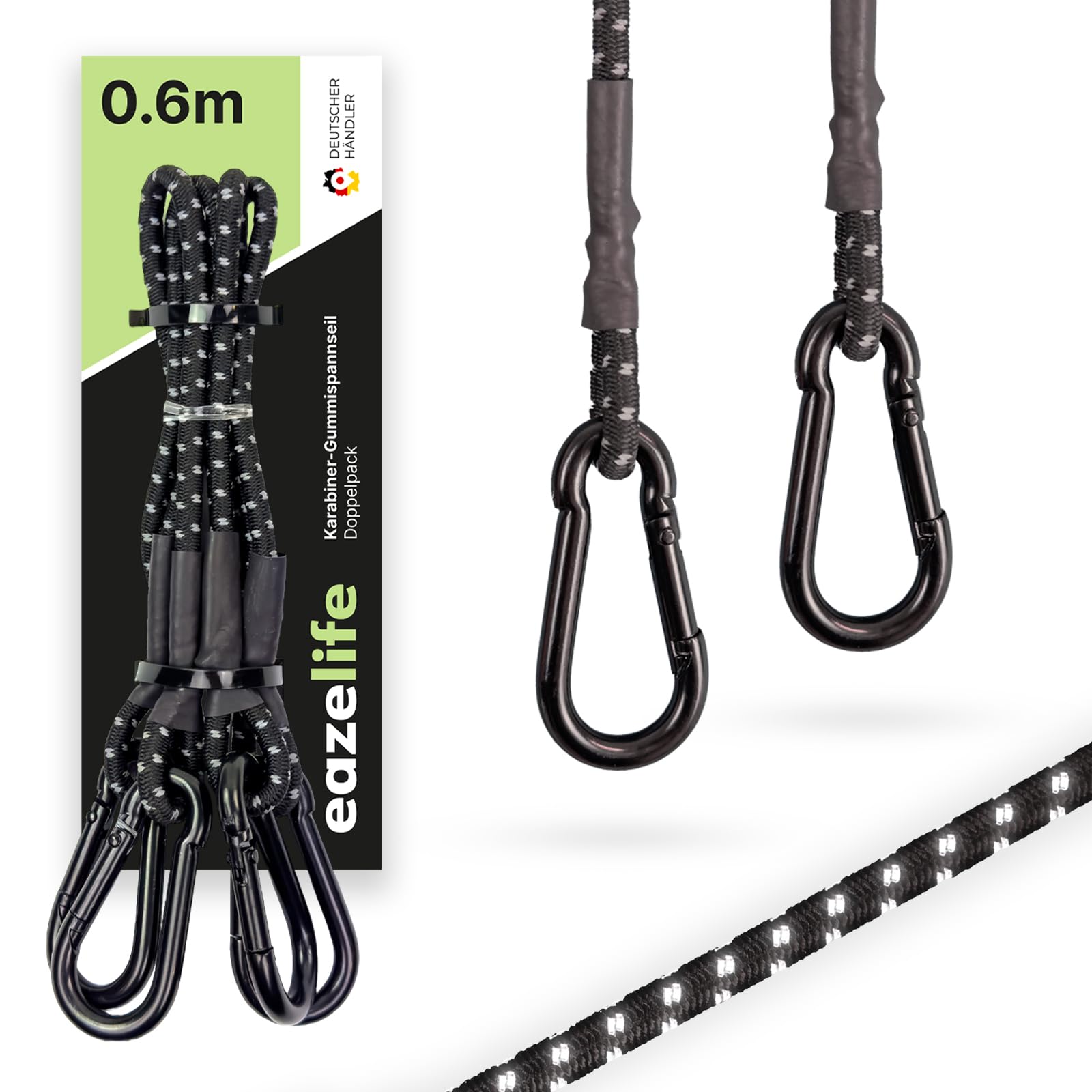 2er Set Spanngummis mit Karabiner, 60 cm / 120 cm, reflektierend, robust, belastbar, sicher, Schwarze Expander mit Karabinerhaken für Sonnensegel, Outdoor, Fahrrad & Auto (60 cm) Gewerbe, Industrie & Wissenschaft