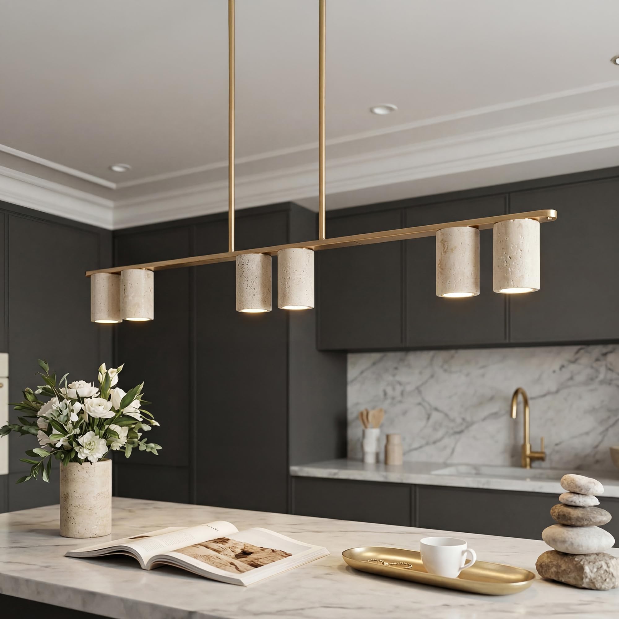 Photo 1 of FEMILA Linear Chandelier, Natural Stone Shades, Brushed Gold, 43.7"