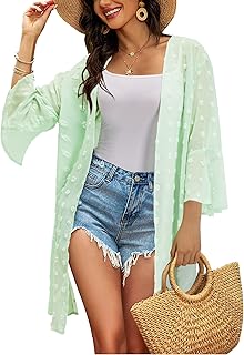 LAISHEN Women's Chiffon Kimono Cardigan Sheer 3/4 Sleeve Swimsuit Bathing Suit Cover Ups