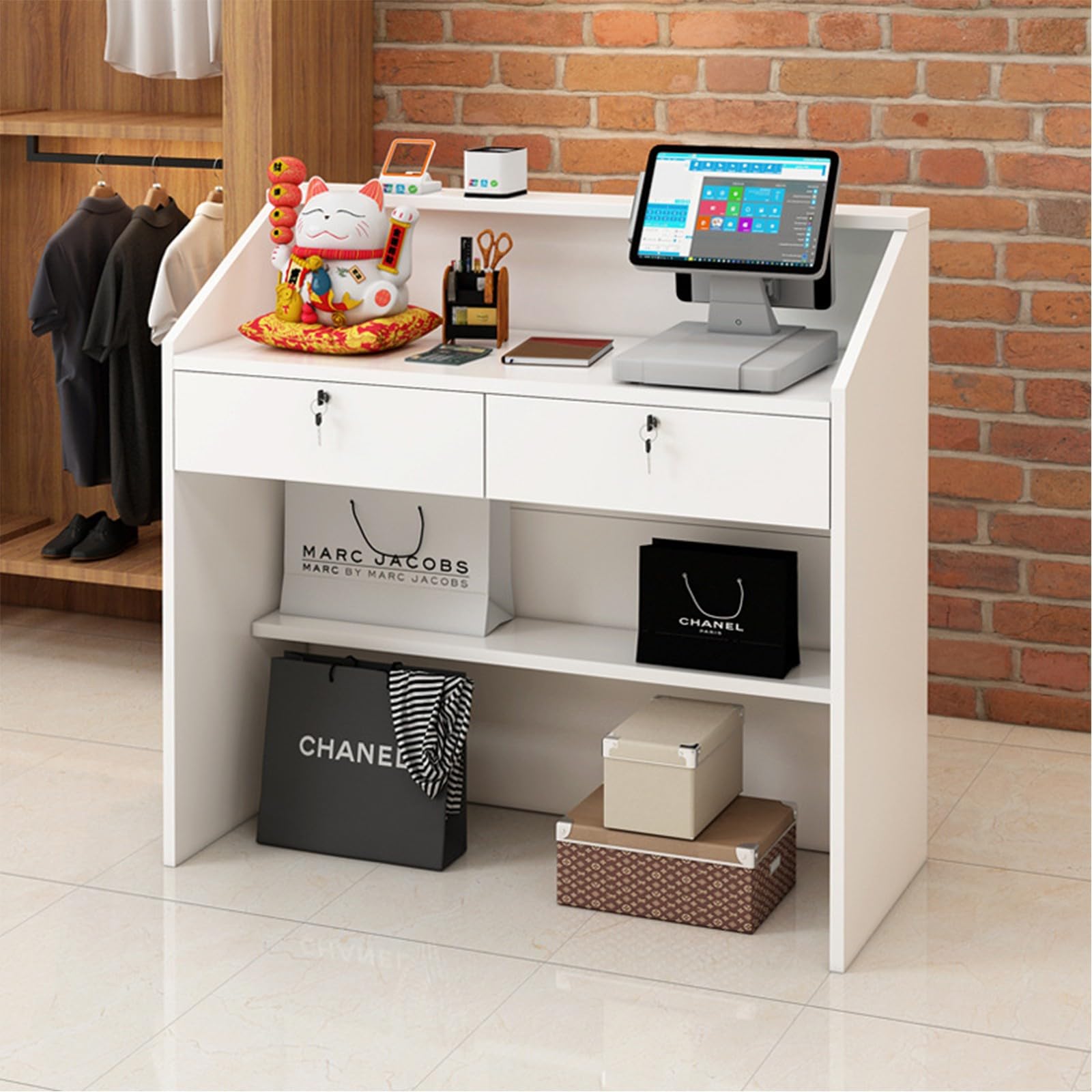 Mostrador de recepción, mostrador de caja minorista para oficina en casa y vestíbulo, mostrador de bienvenida para espacios pequeños, mostrador con cajón con cerradura 60cm