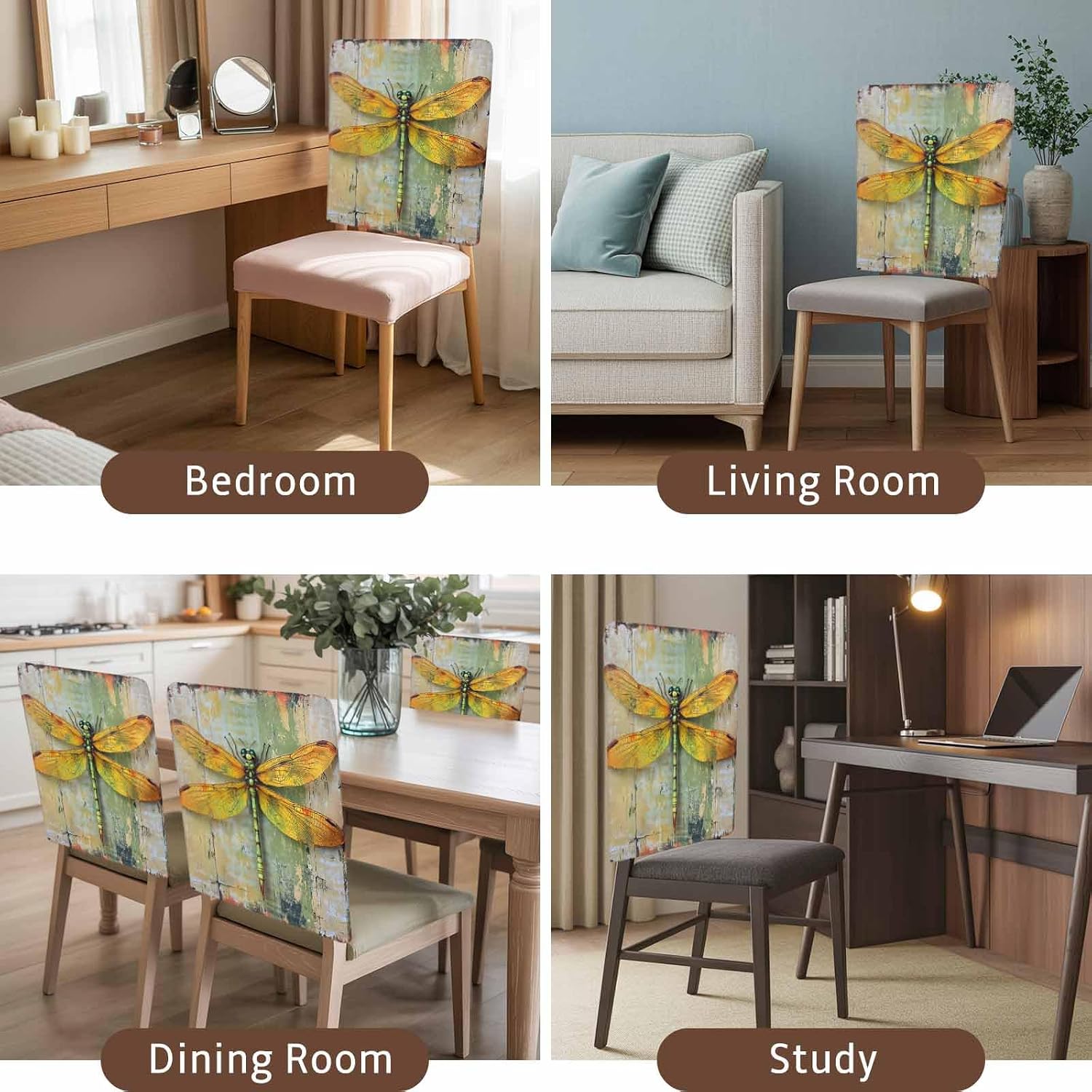 Modern Oil Painting Chair Back Covers Retro Yellow Dragonfly Wing Set of 6 Dining Room Stretch Slipcovers, Removable Seat Protector for Kitchen Home Hotel Decor