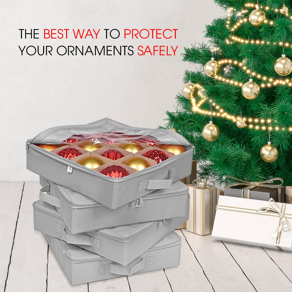 ProPik Aufbewahrungsboxen für Weihnachtsdekoration mit Trennwänden, transparenter Oberseite, hält 64 Weihnachtsdekorationen, langlebige Ornament-Organizer-Aufbewahrungsbox (grau)