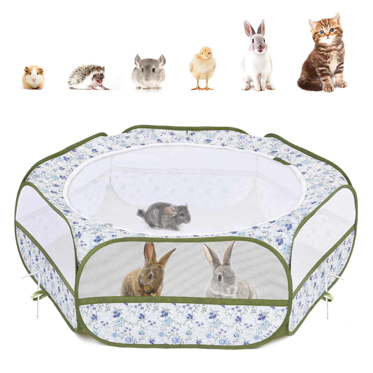 Pawaboo Small Animal Playpen with Zippered Cover, Blue + White Flower